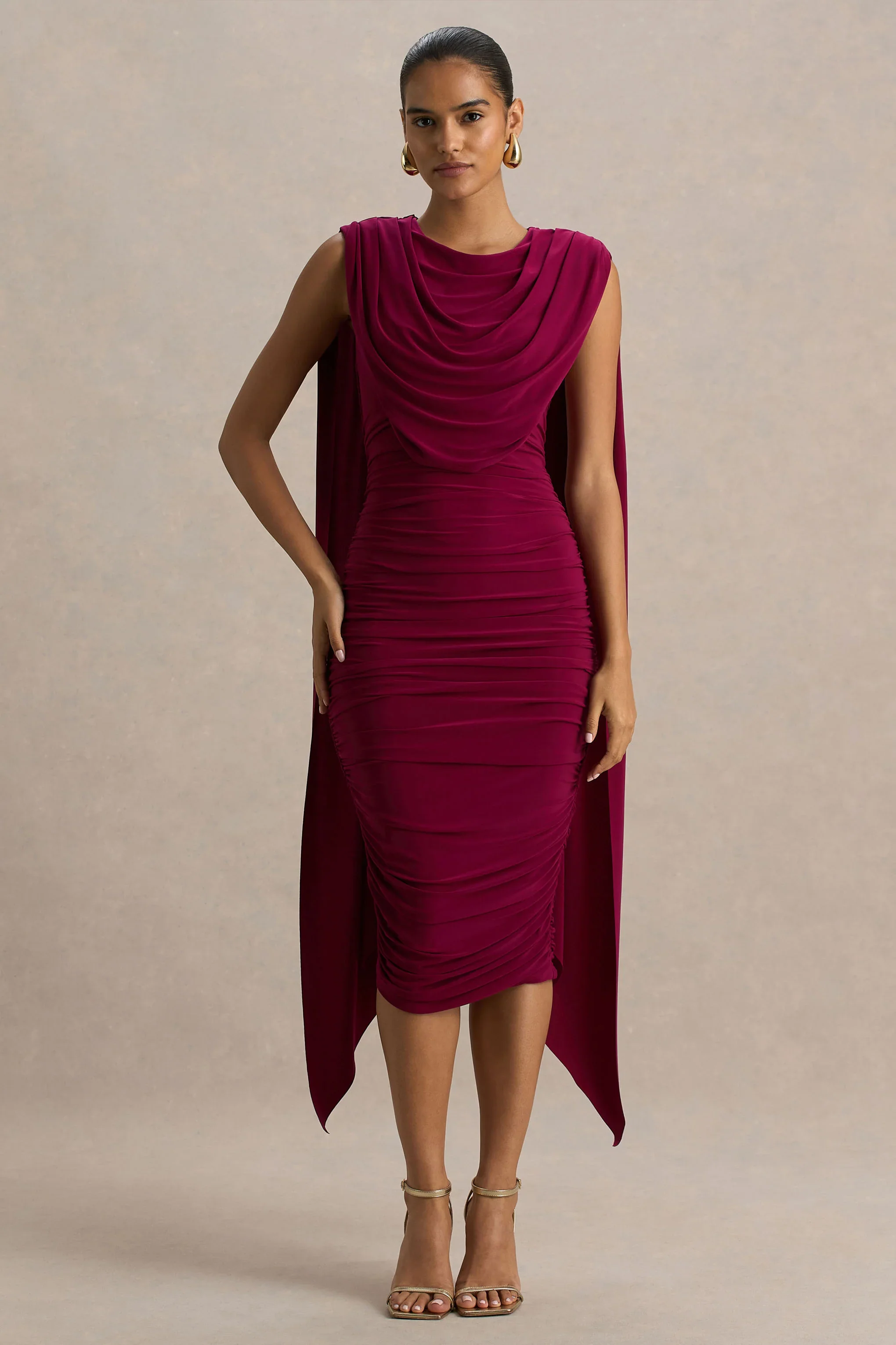 Wanderer | Burgundy Crew-Neck Midi Dress With Draped and Ruched Detailing