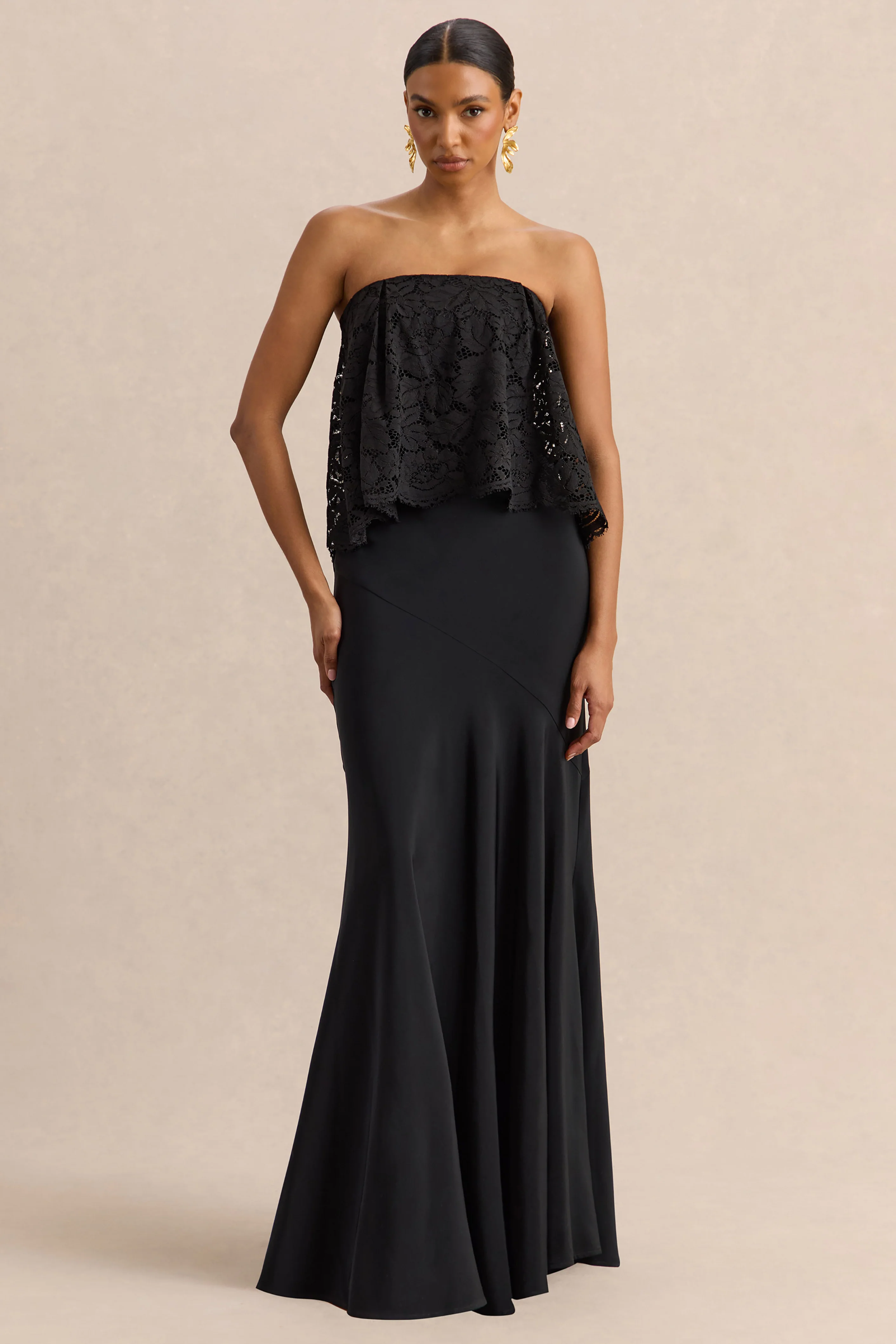 Clemency | Black Lace And Matte Satin Bandeau Maxi Dress