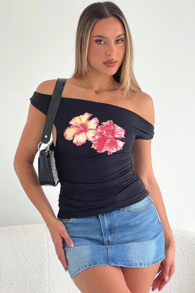 Twist Off Shoulder Graphic Top