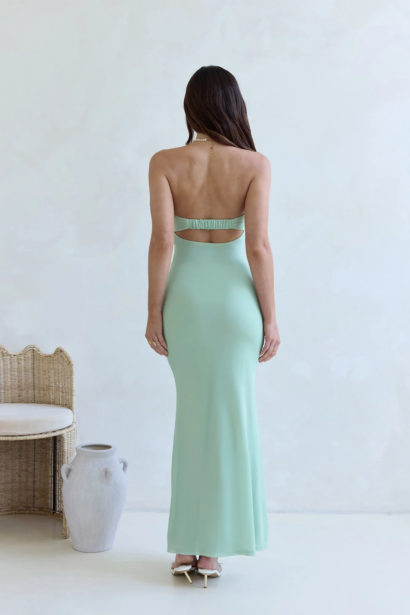 Caught Your Eye Mesh Strapless Maxi Dress Sage