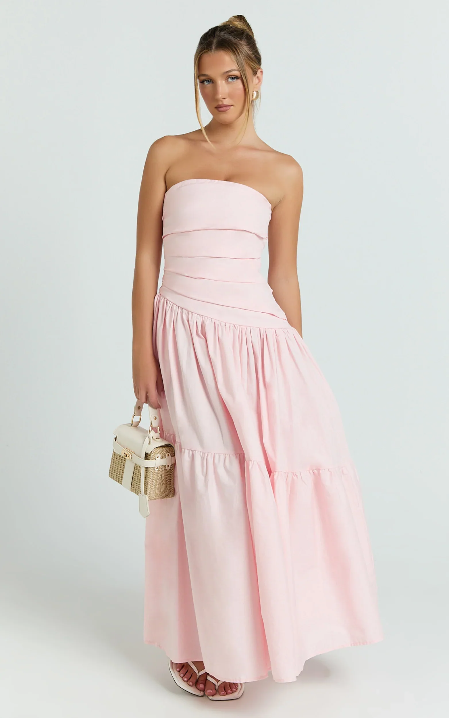 Cora Midi Dress - Strapless Dress in Pink