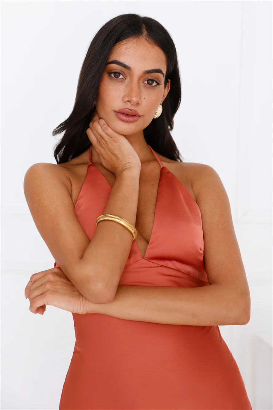 She Is Sublime Halter Satin Maxi Dress Brick