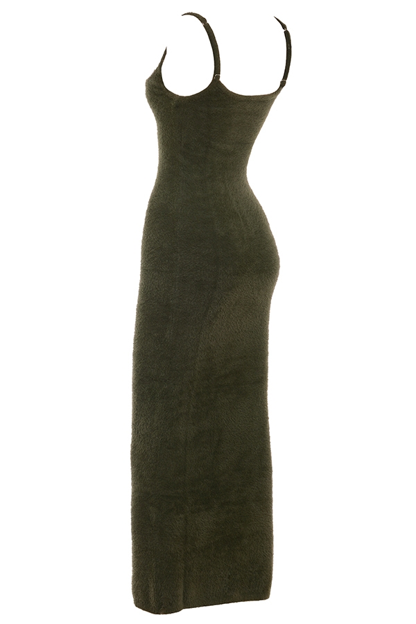 Khaki Soft Fluffy Knit Maxi Dress