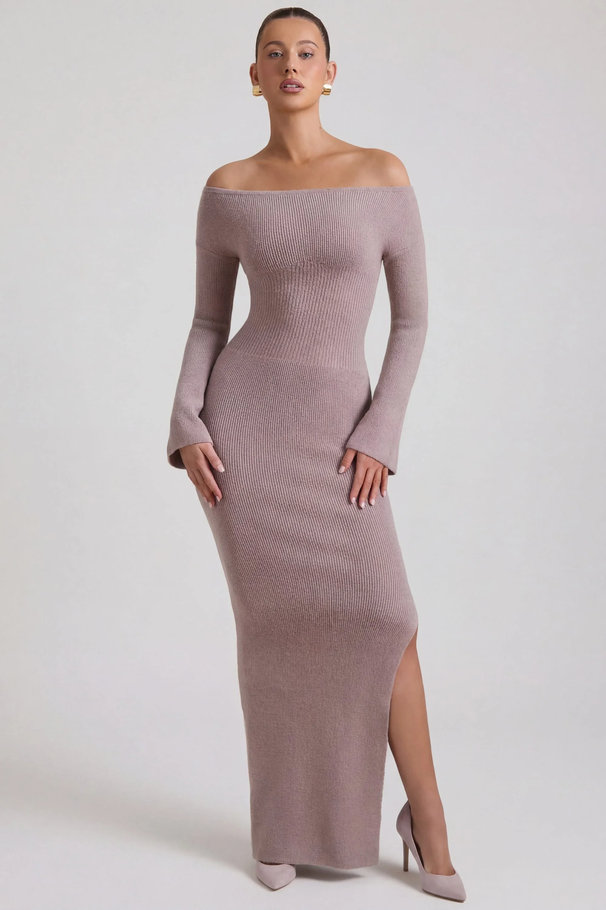 Ribbed-Knit Off-Shoulder Maxi Dress in Taupe