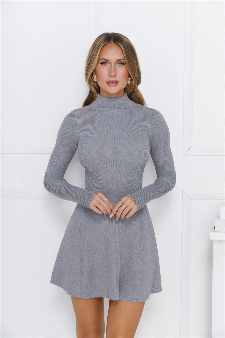Hot Cocoa Dreams Long Sleeve Knit Mini Dress Grey
