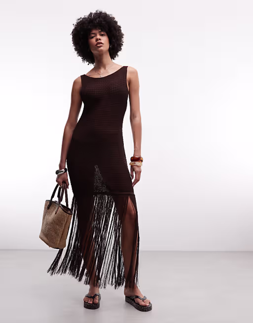 knit fringed maxi beach dress in brown