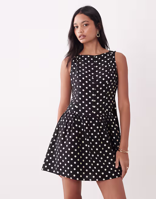 Brave Soul slash neck button down dropped waist mini dress in mono polka dot