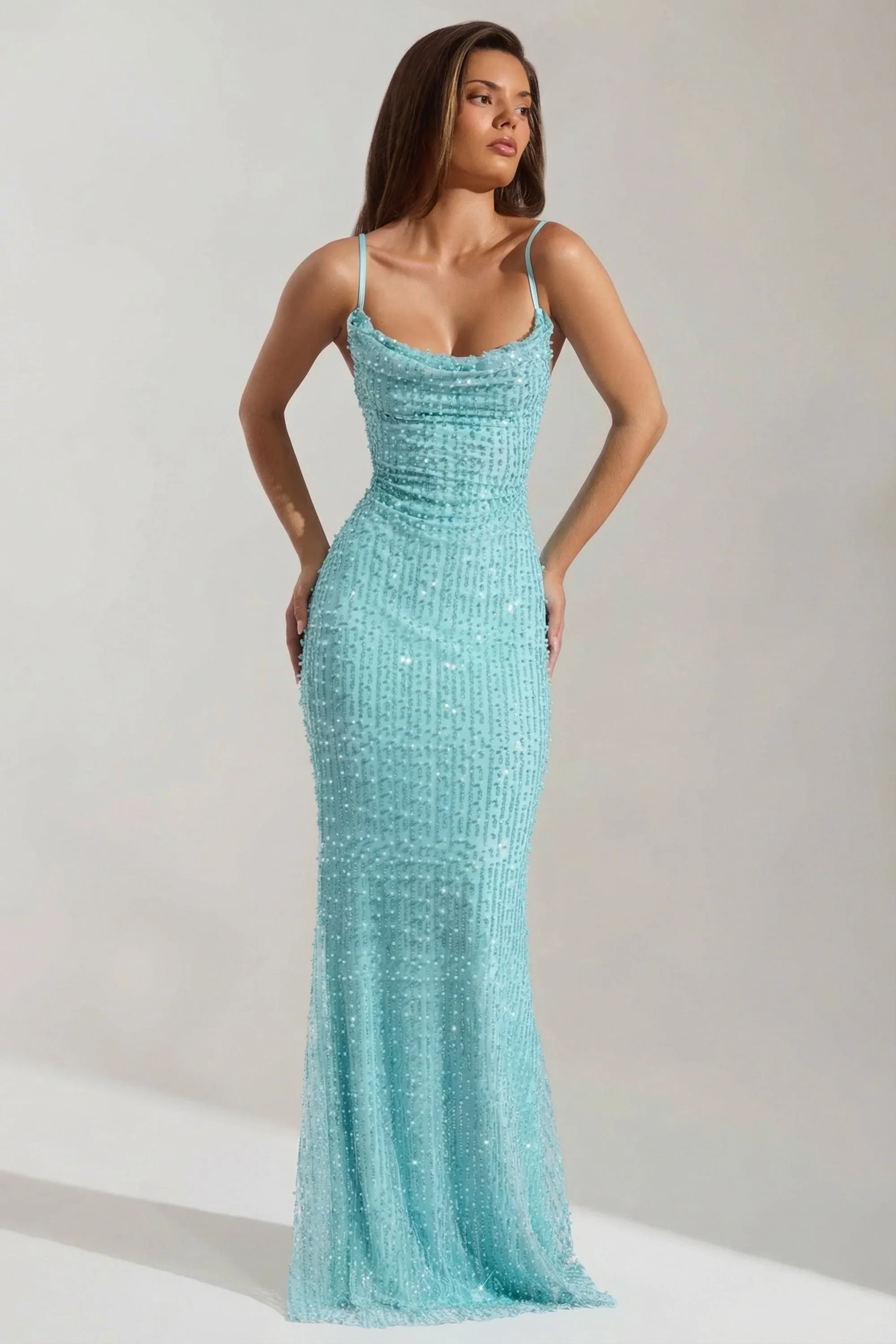Embellished Cowl-Neck Backless Maxi Dress in Aqua Blue - luluinthesky