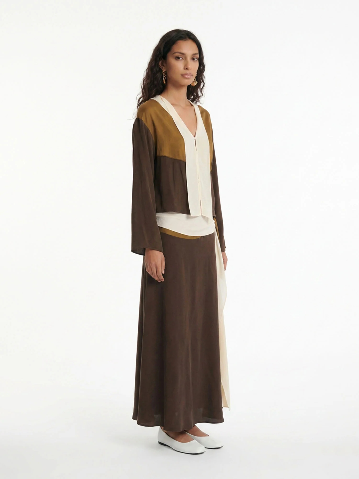 Earth Tone Contrast Shirt Skirt Set