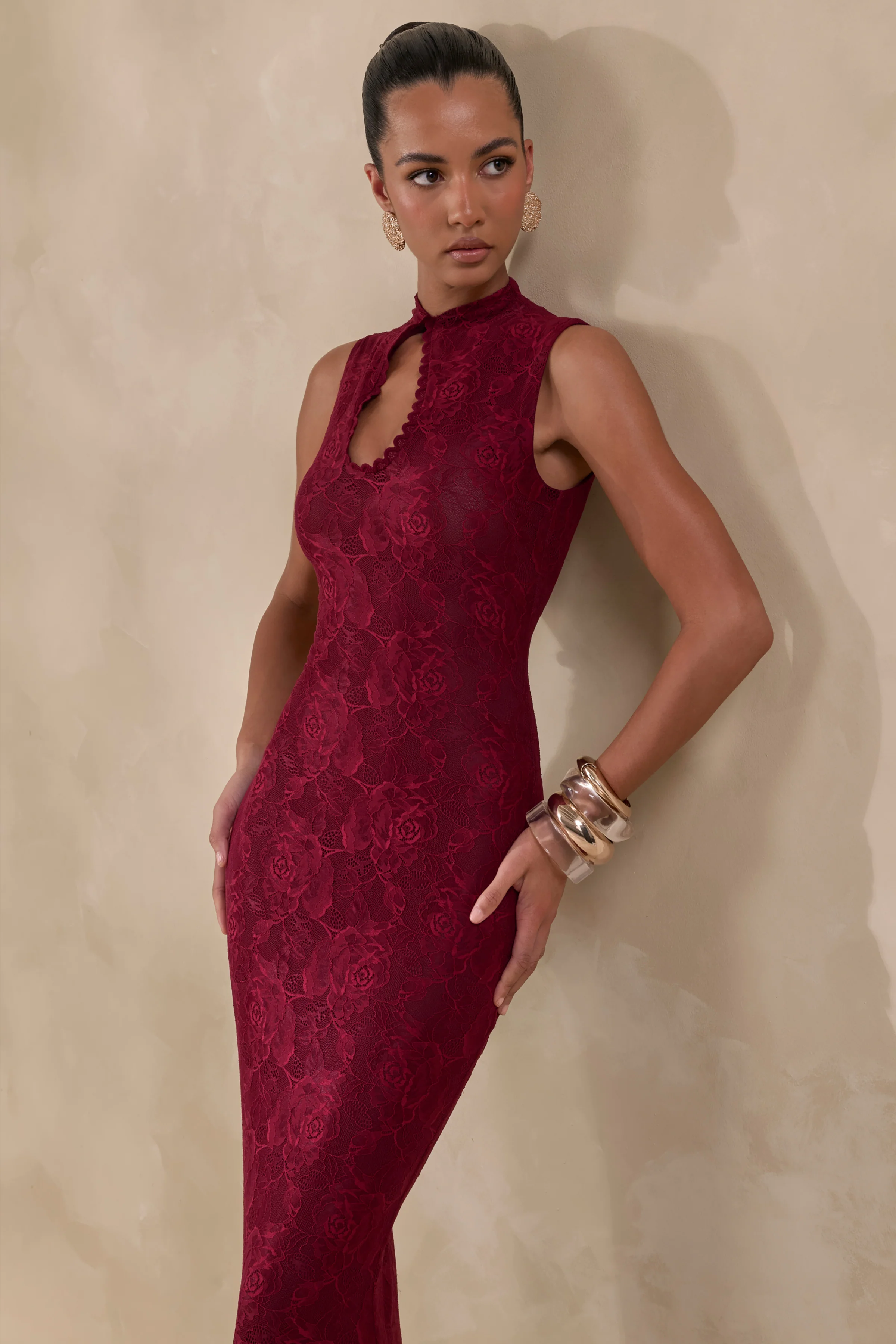 Ravissa | Burgundy Lace High-Neck Maxi Dress