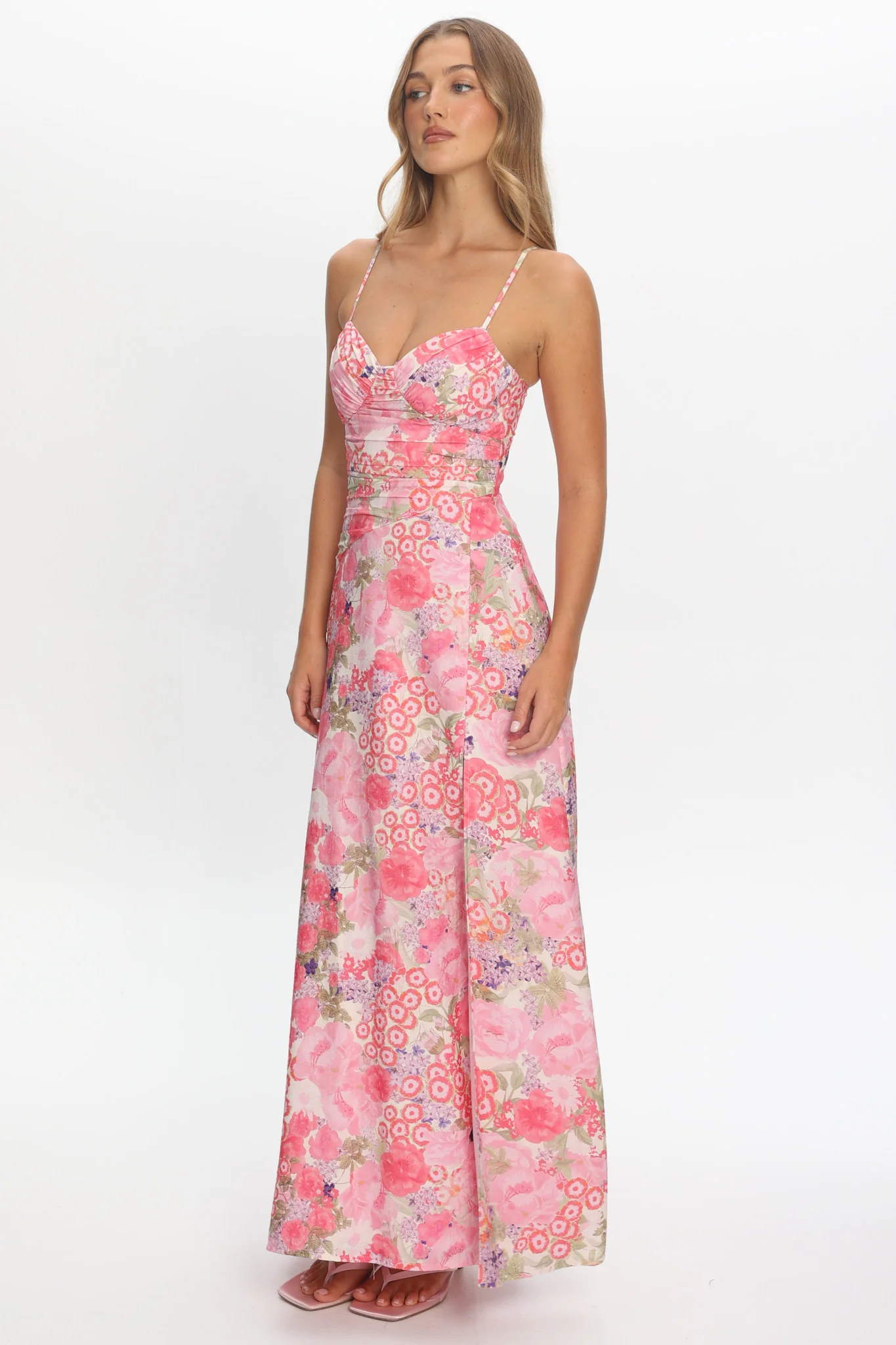 Marin Gathered Bodice Maxi Dress Floral Pink - luluinthesky