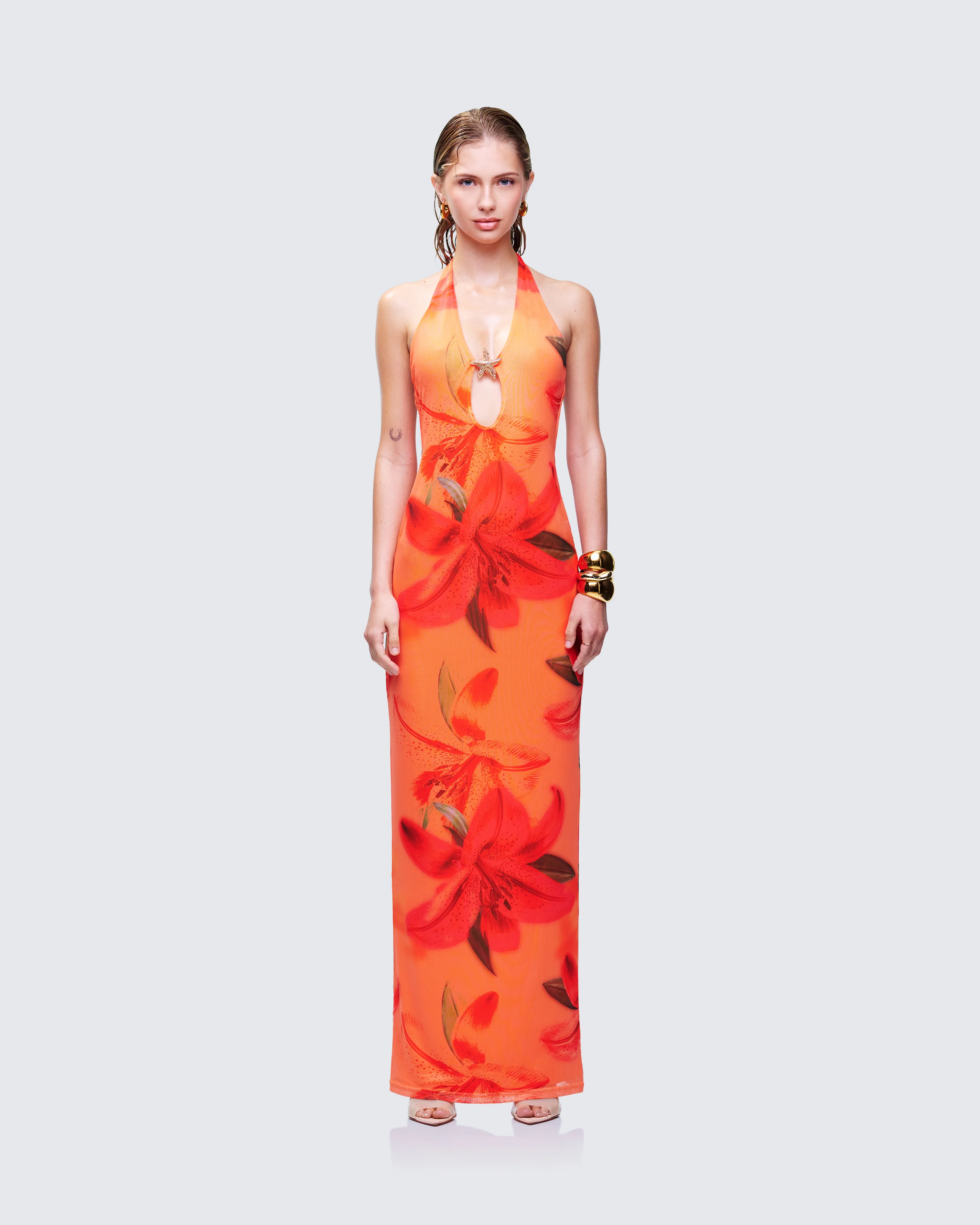Evana Multi Printed Mesh Maxi Dress