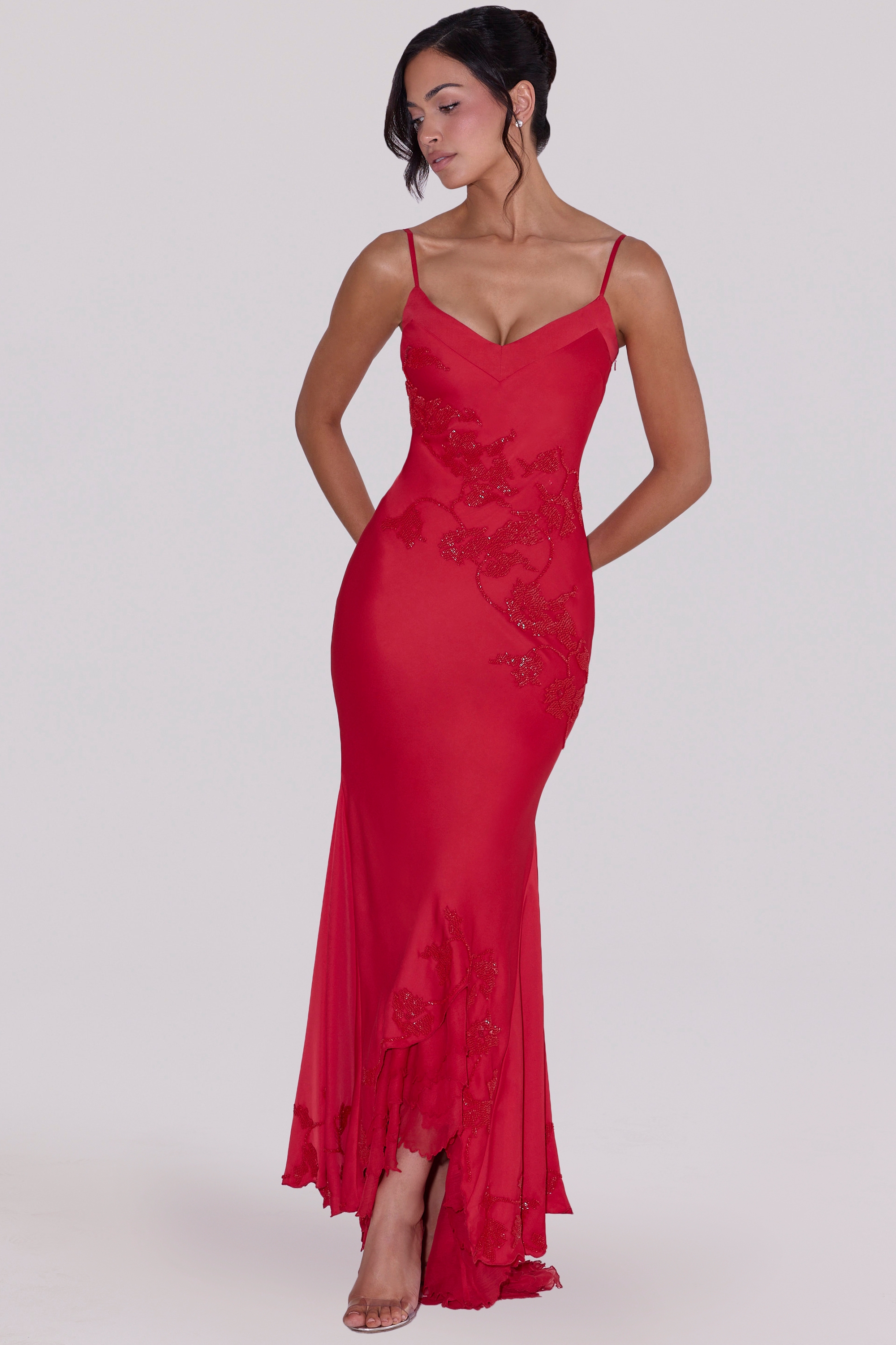 red hand beaded embellished satin maxi dress - limited edition
