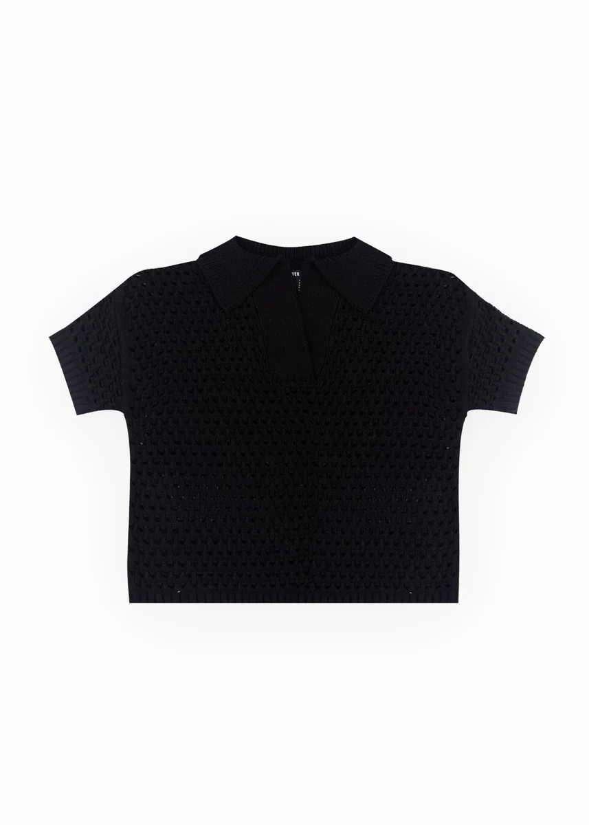 Short-Sleeve Crochet Collared Sweater Top