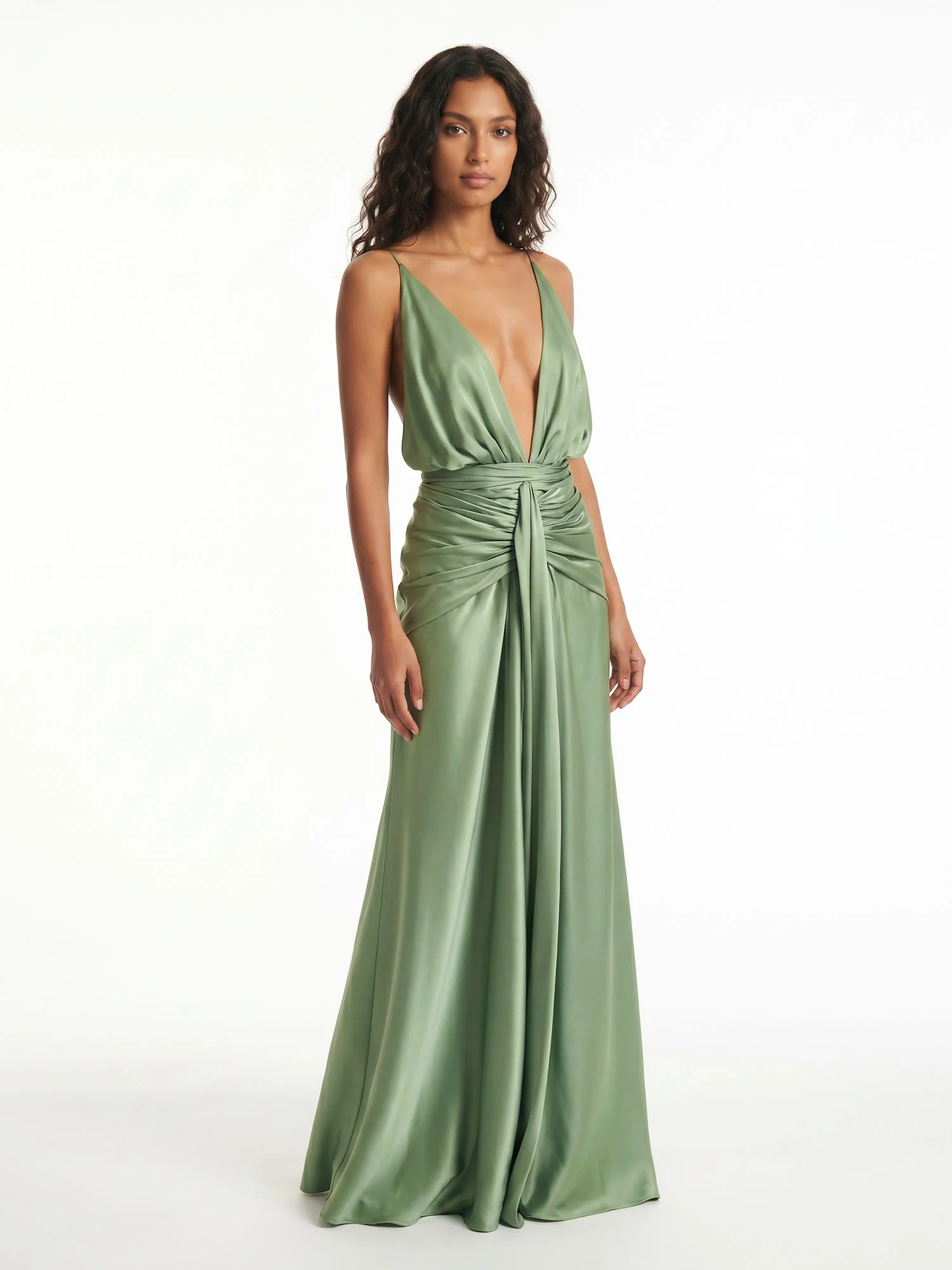 Sage Drape Halter Wrap Maxi Dress