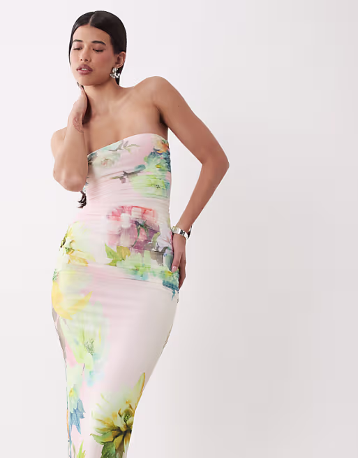 AFRM Marlo printed mesh bandeau maxi dress in pink floral