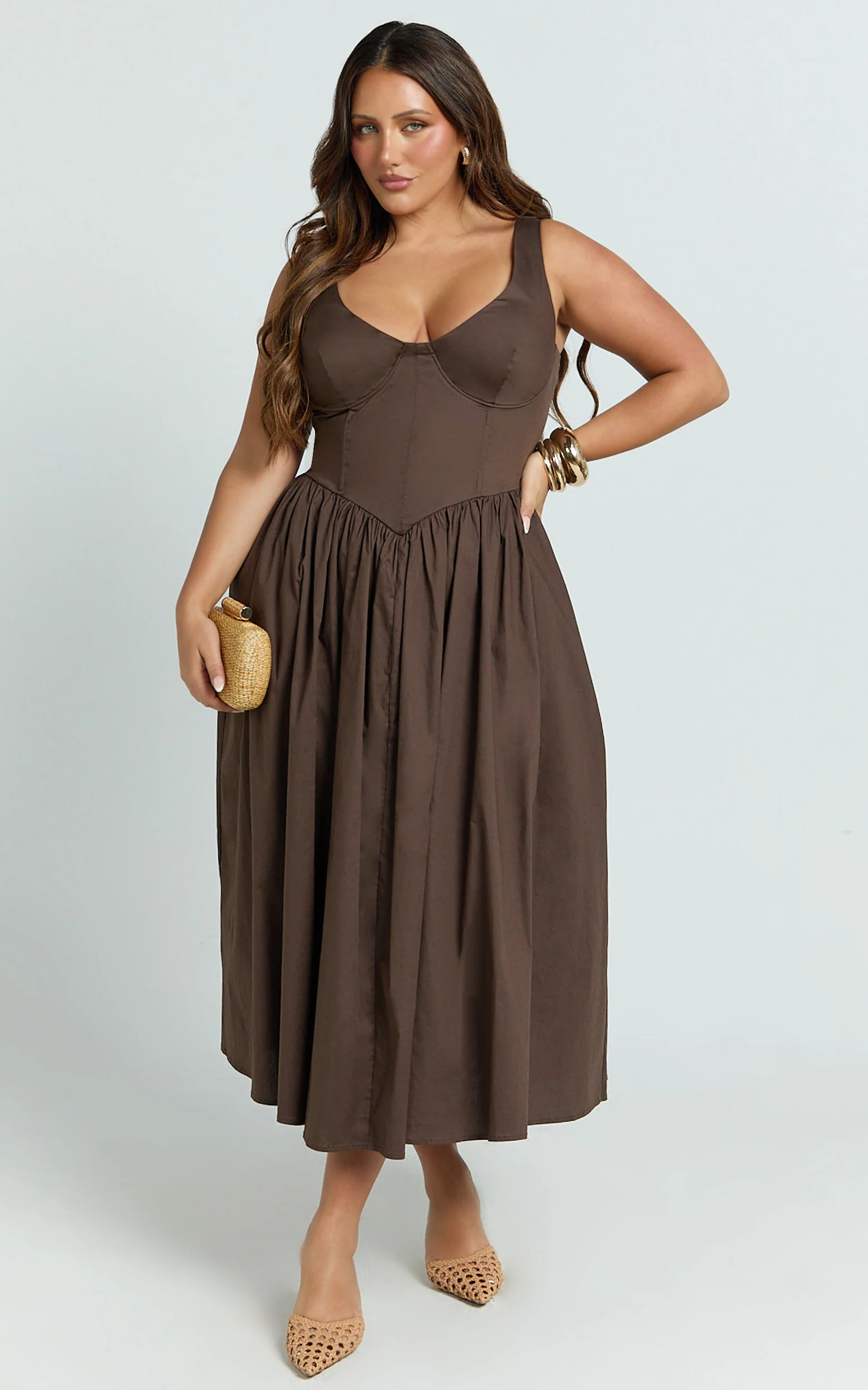Beckett Midi Dress - Scoop Neck Drop V Waist Gathered Skirt Dress in Dark Chocolate
