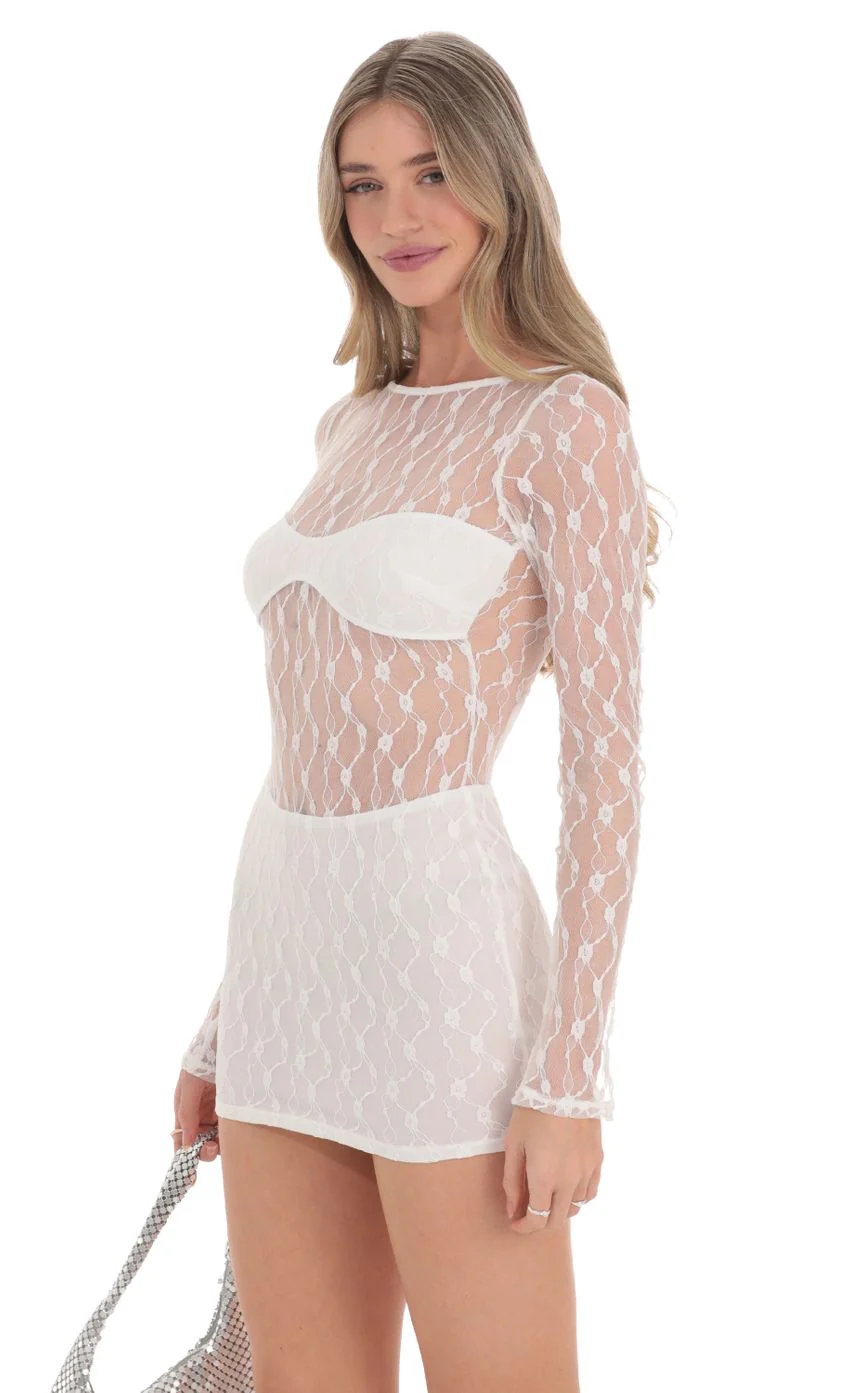 Long Sleeve Cutout lace Dress in White - luluinthesky