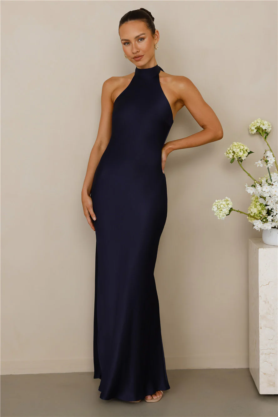 The Cleo Halter Satin Maxi Dress Navy