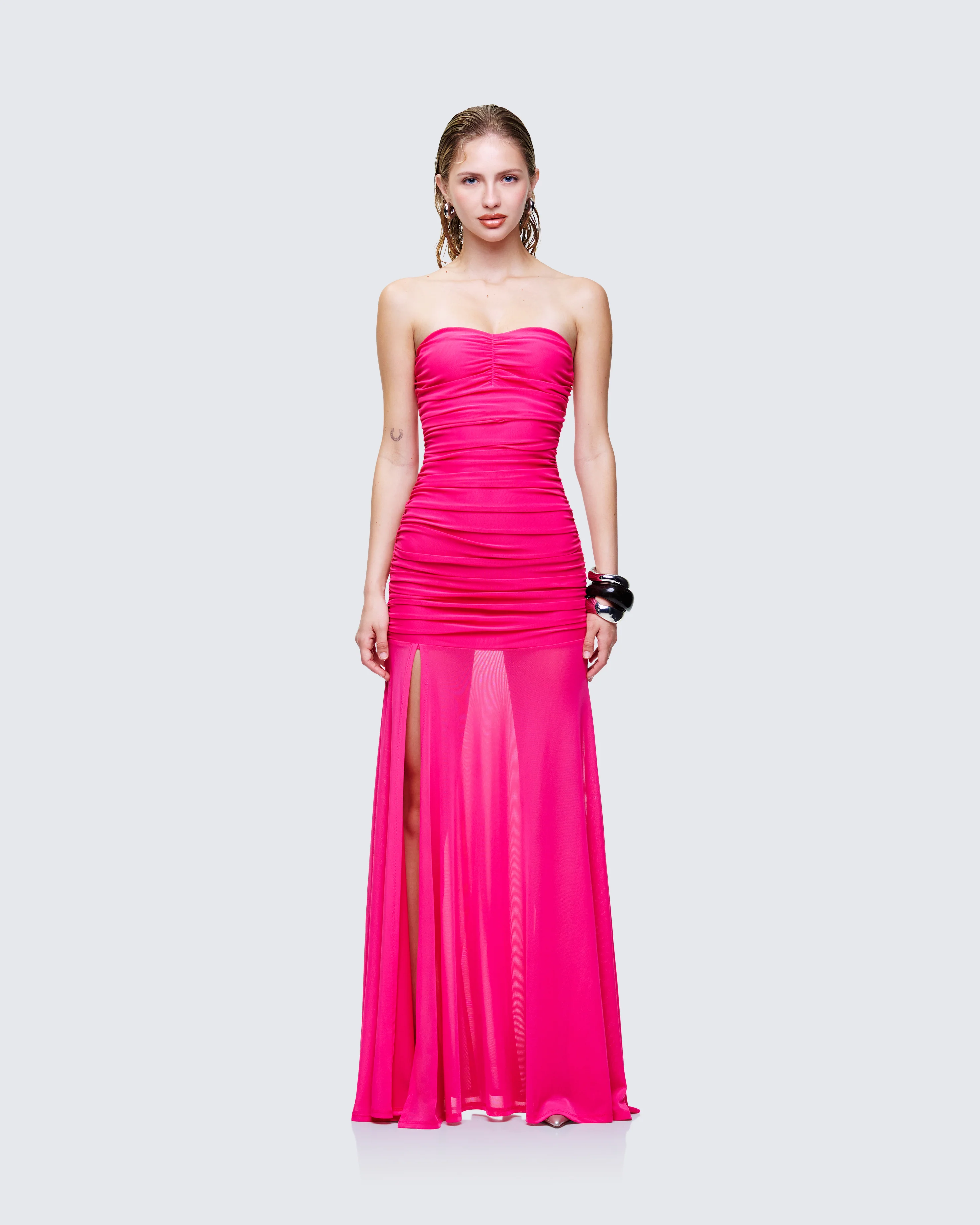 Zea Pink Ruched Mesh Maxi Dress