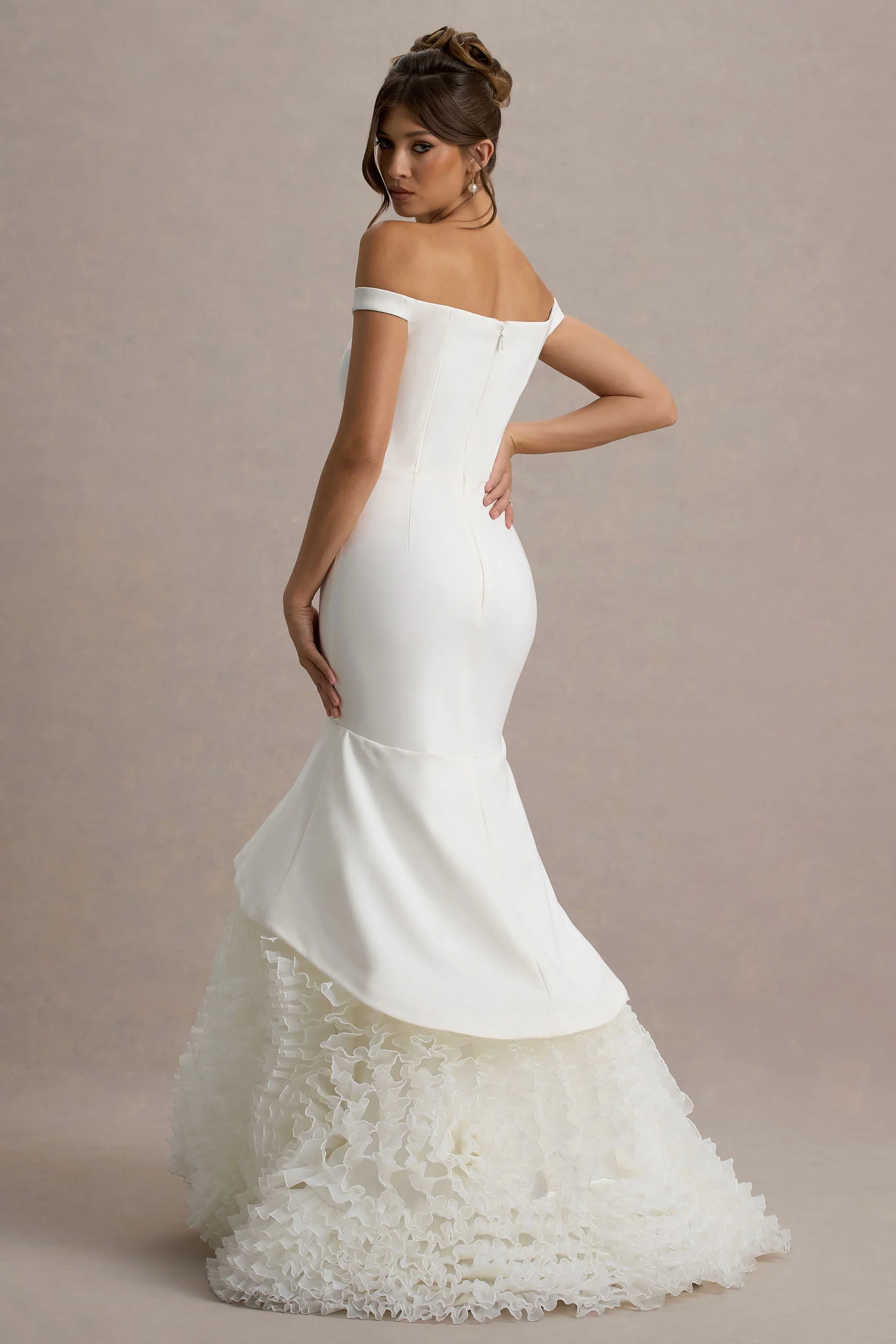 The Greatest | White & Cream Bardot Maxi Dress With Tulle Skirt