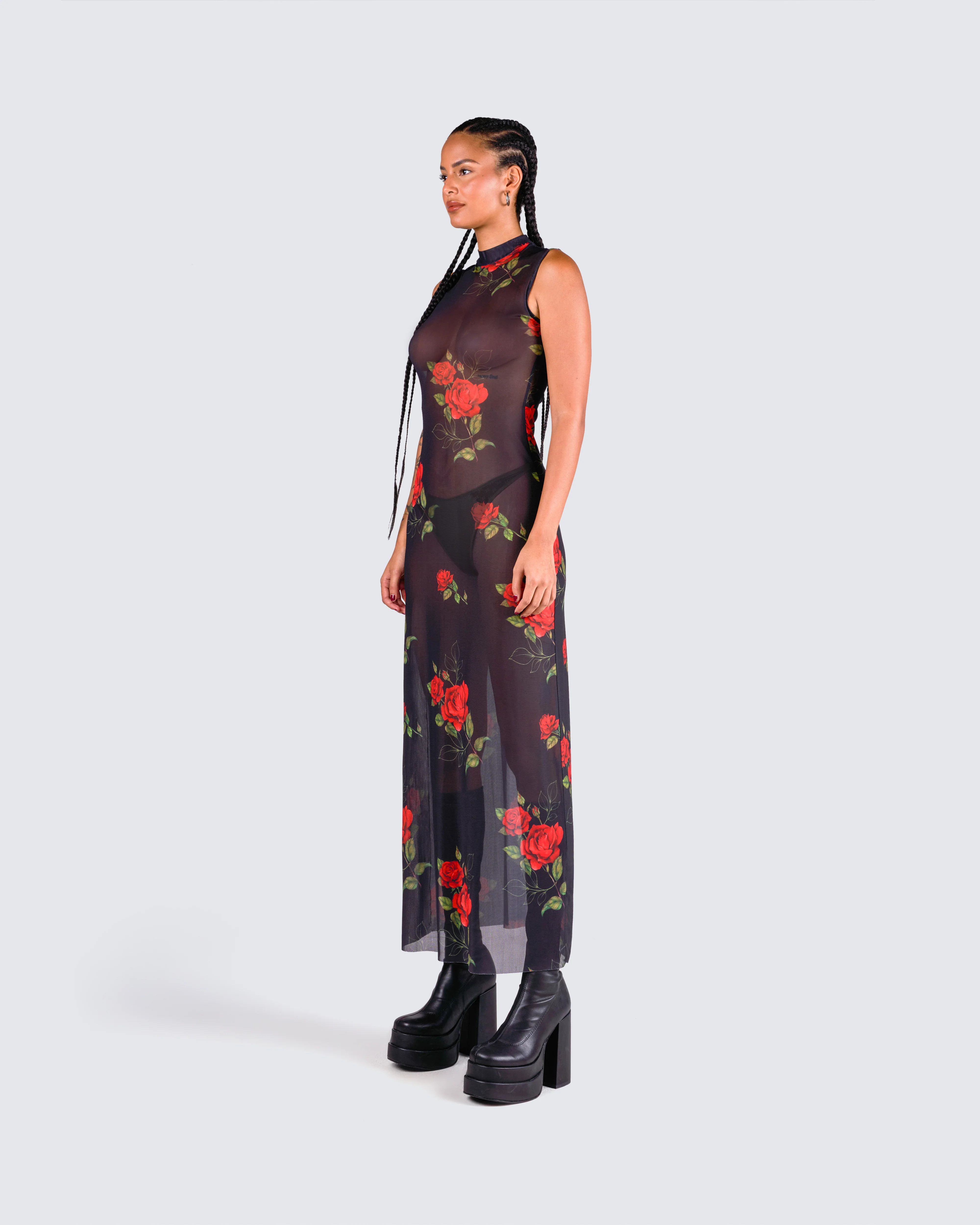 Tata Rose Print Mesh Maxi Dress