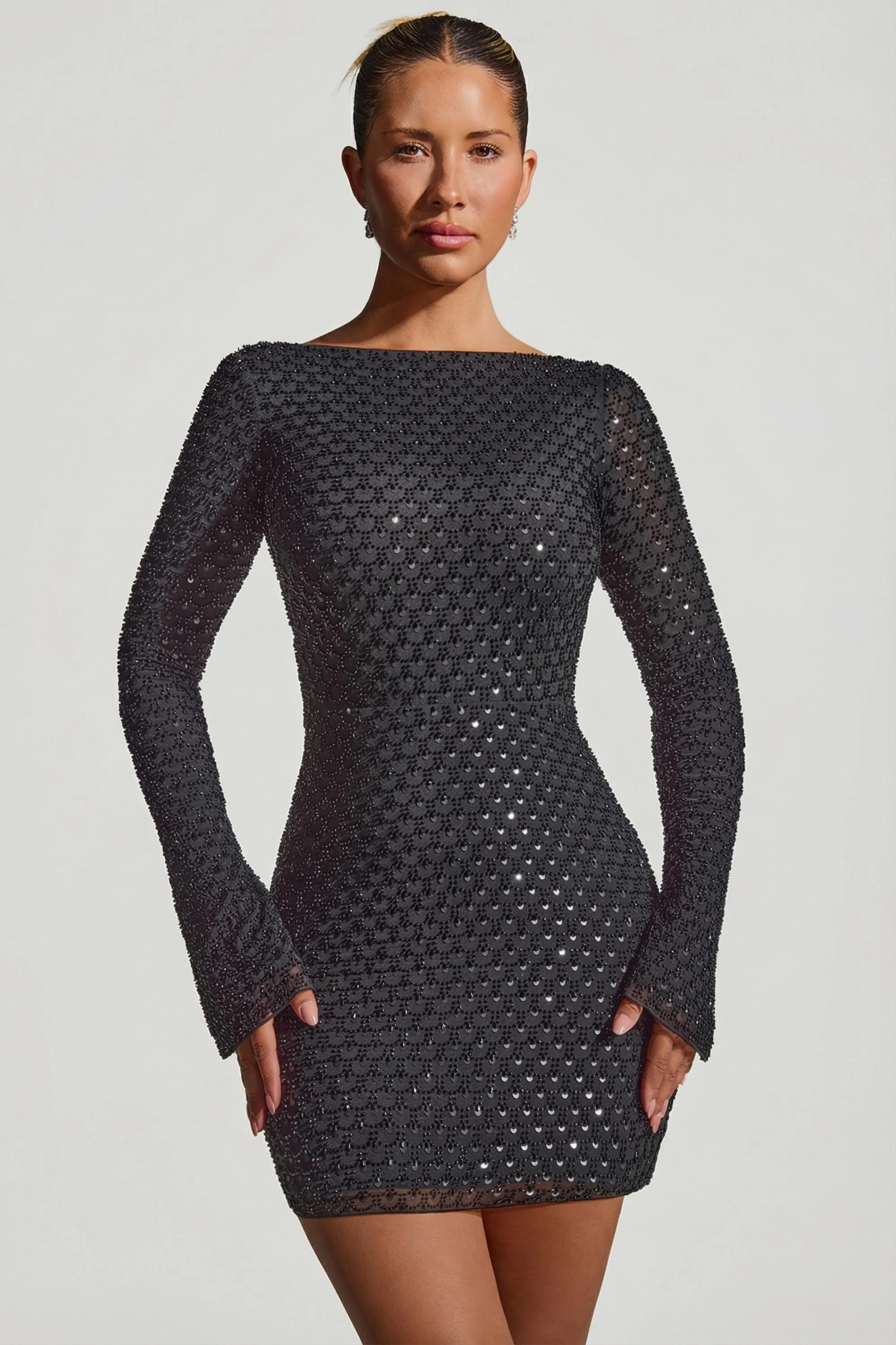 Embellished Open-Back A-Line Mini Dress in Black