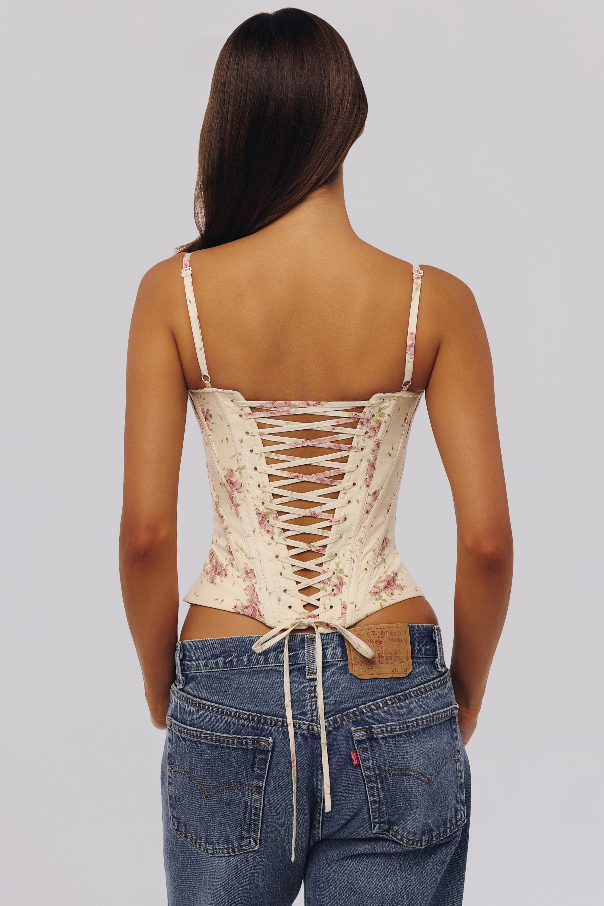 Ivory Vintage Rose Print Cotton Corset Top