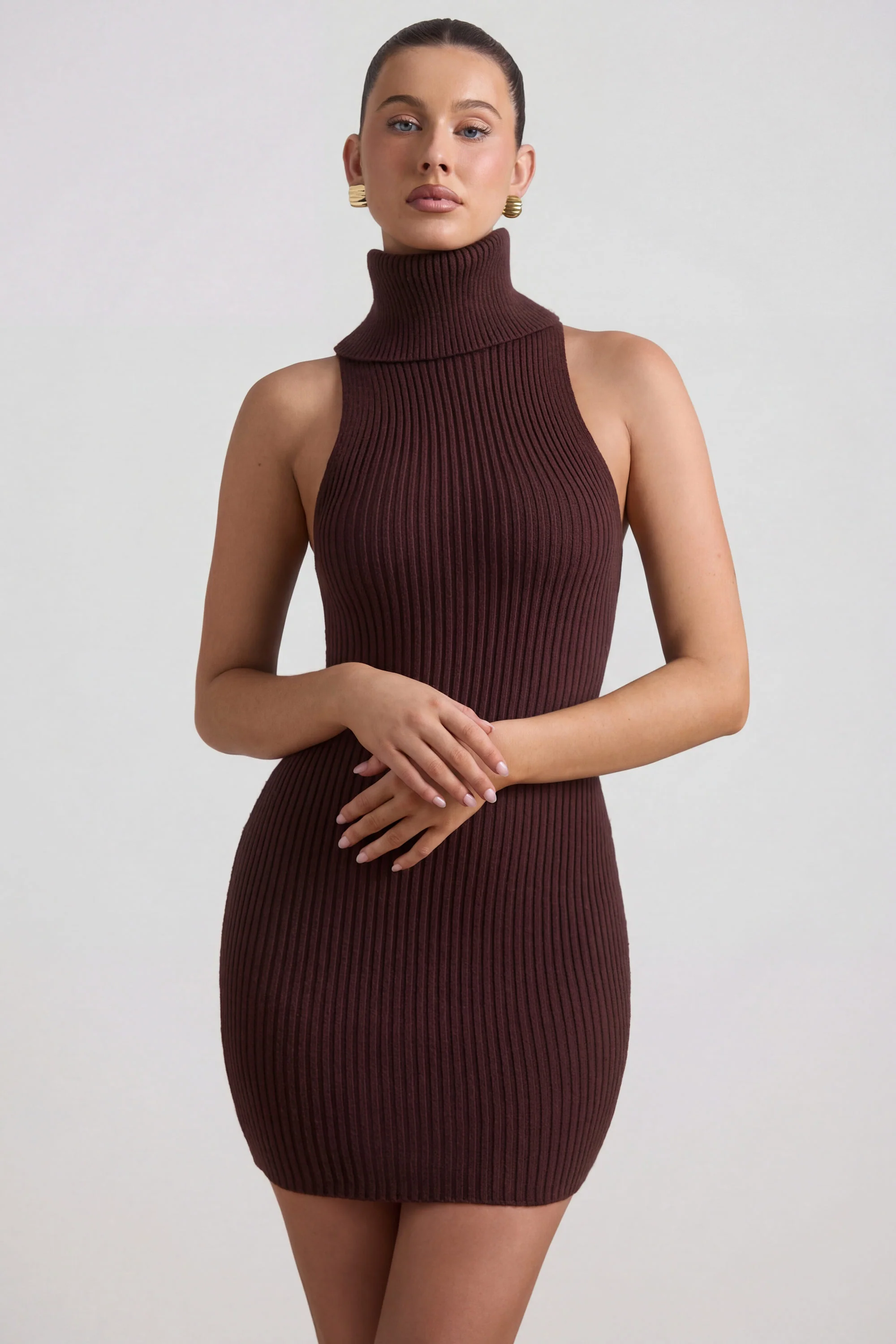 Ribbed-Knit Turtleneck Mini Dress in Espresso
