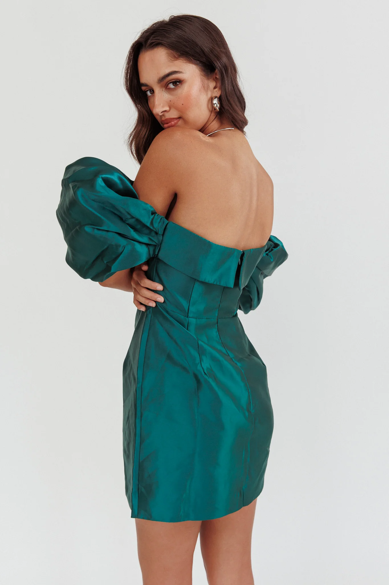 Lovers Rock Puff Sleeve Strapless Mini Dress Hunter Green