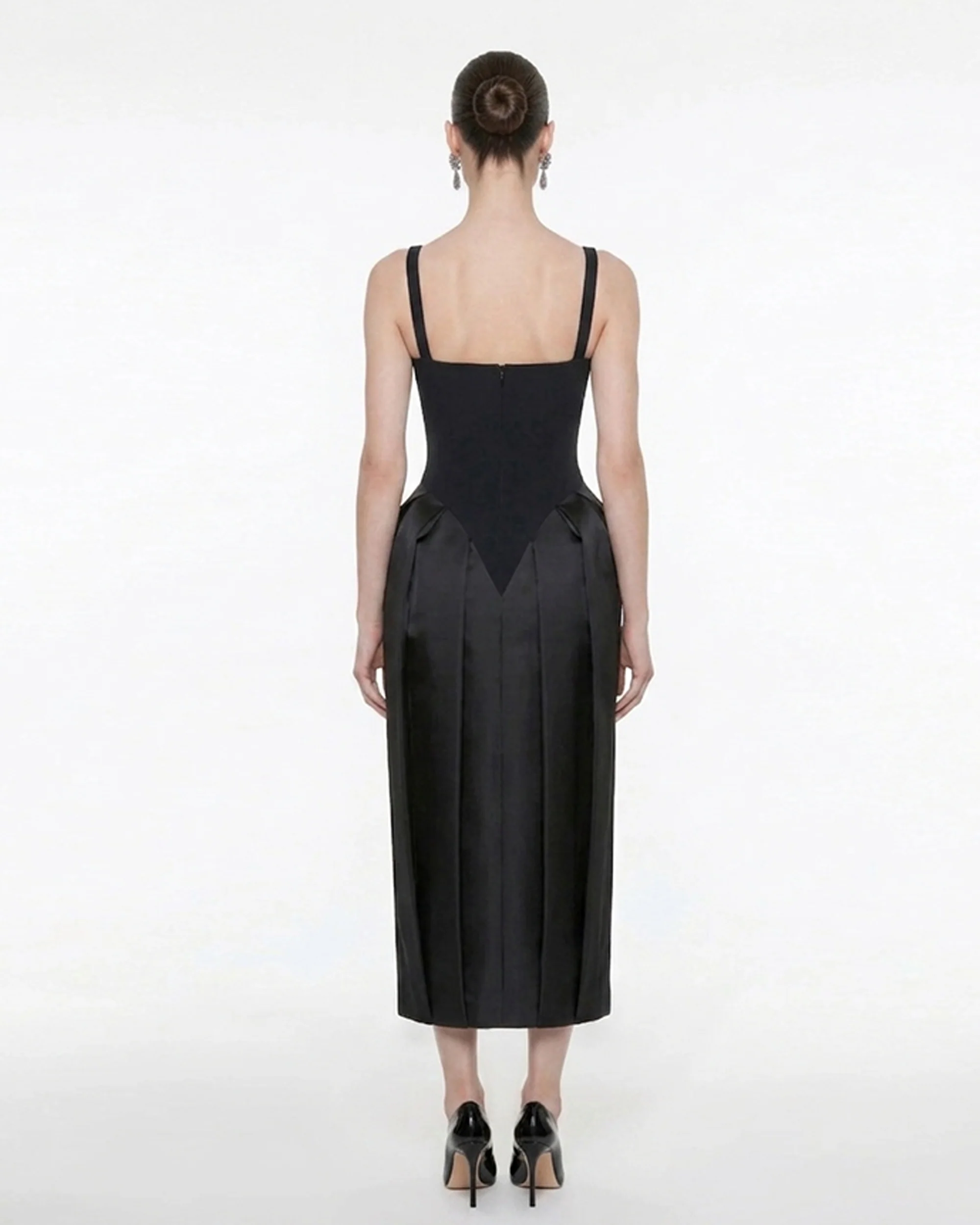 Square Neck Pannier Midi Dress - Black - FASHION NOB