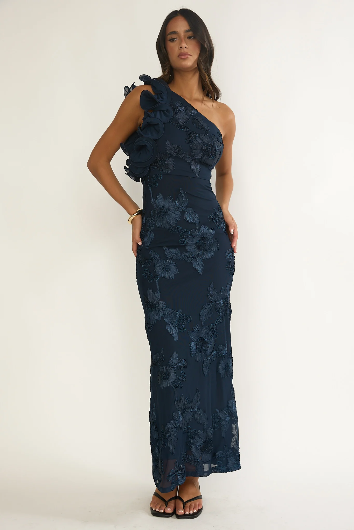 Deanna One-Shoulder Ruffle Maxi Dress Floral Navy - luluinthesky