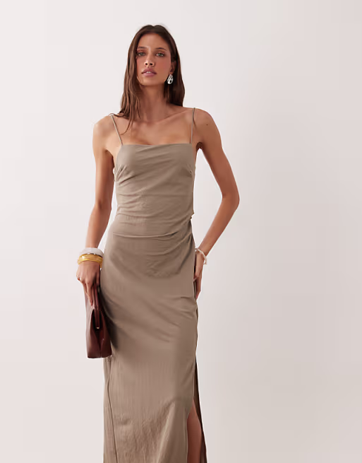 Mango square neck slit hem midi dress in beige
