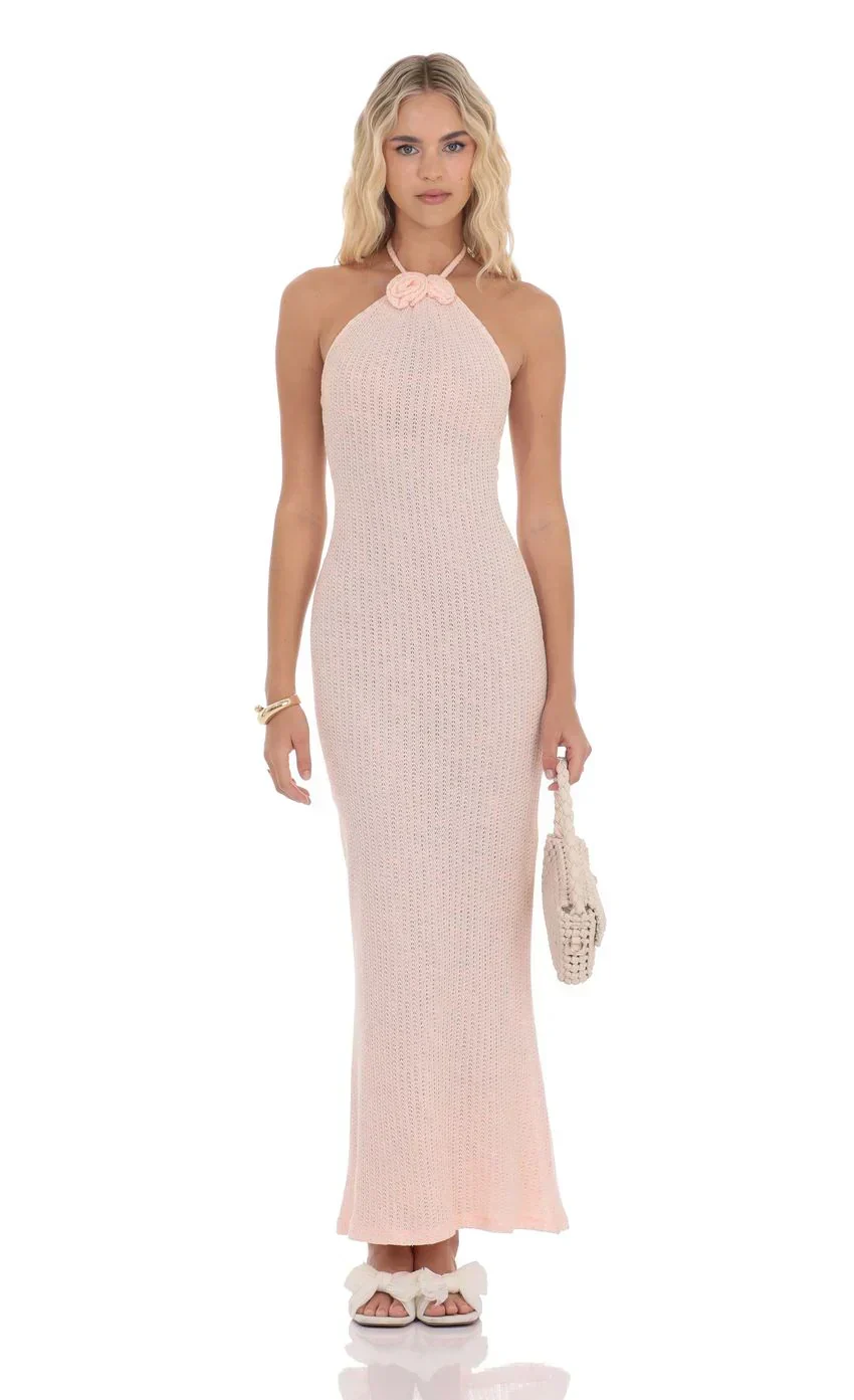 Crochet Halter Maxi Dress in Pink