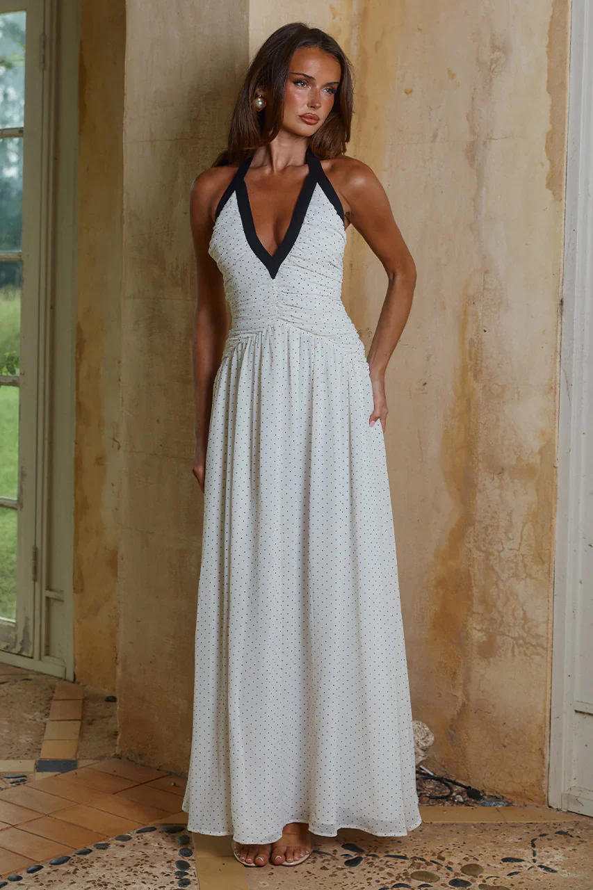 CAROLINA HALTER RUCHED MAXI DRESS - IVORY/BLACK POLKA