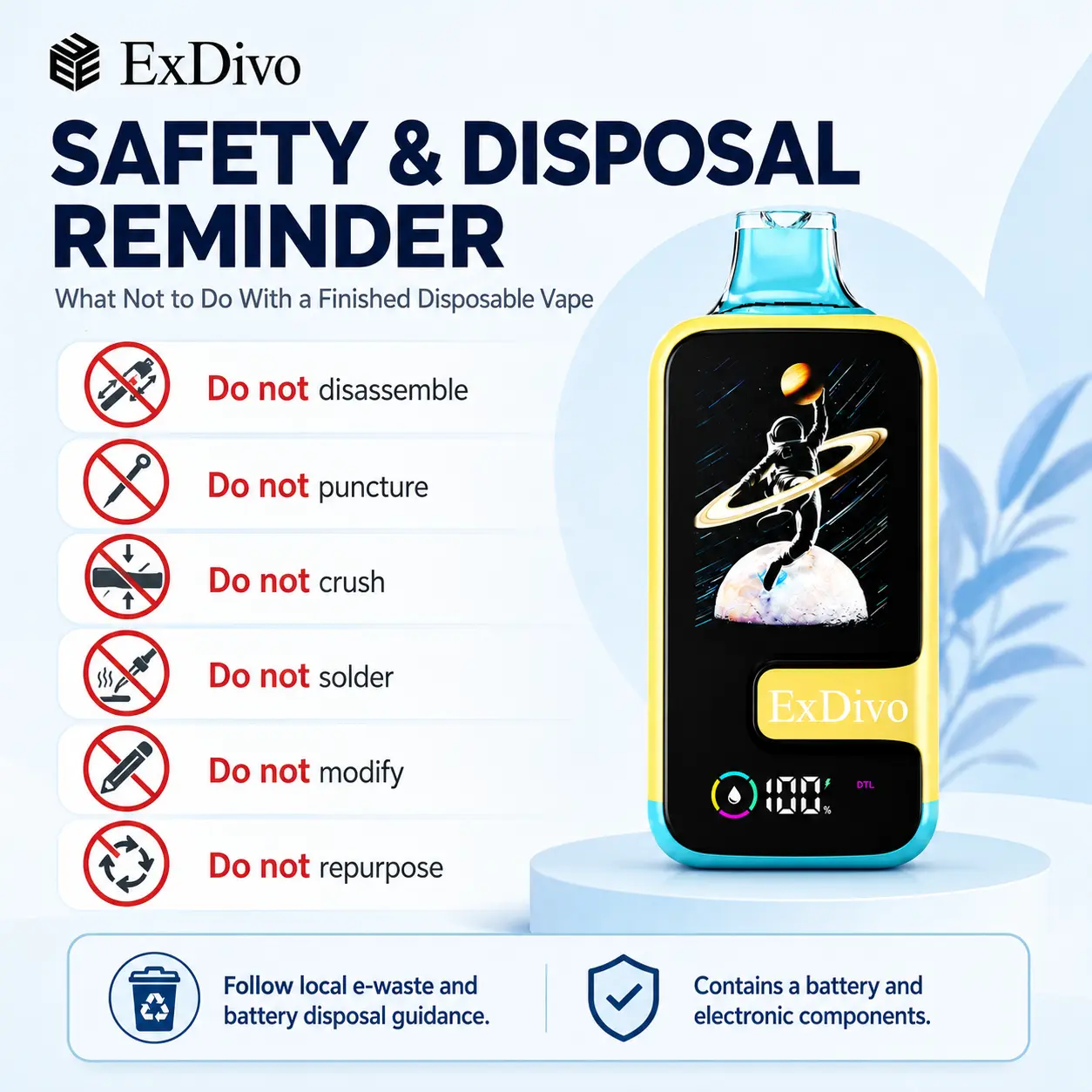 Safety and disposal reminder for finished disposable vape with lithium battery, screen, and electronic components