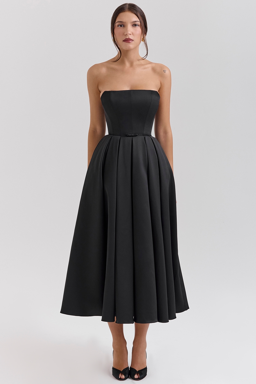 black strapless satin corset midi dress - sale