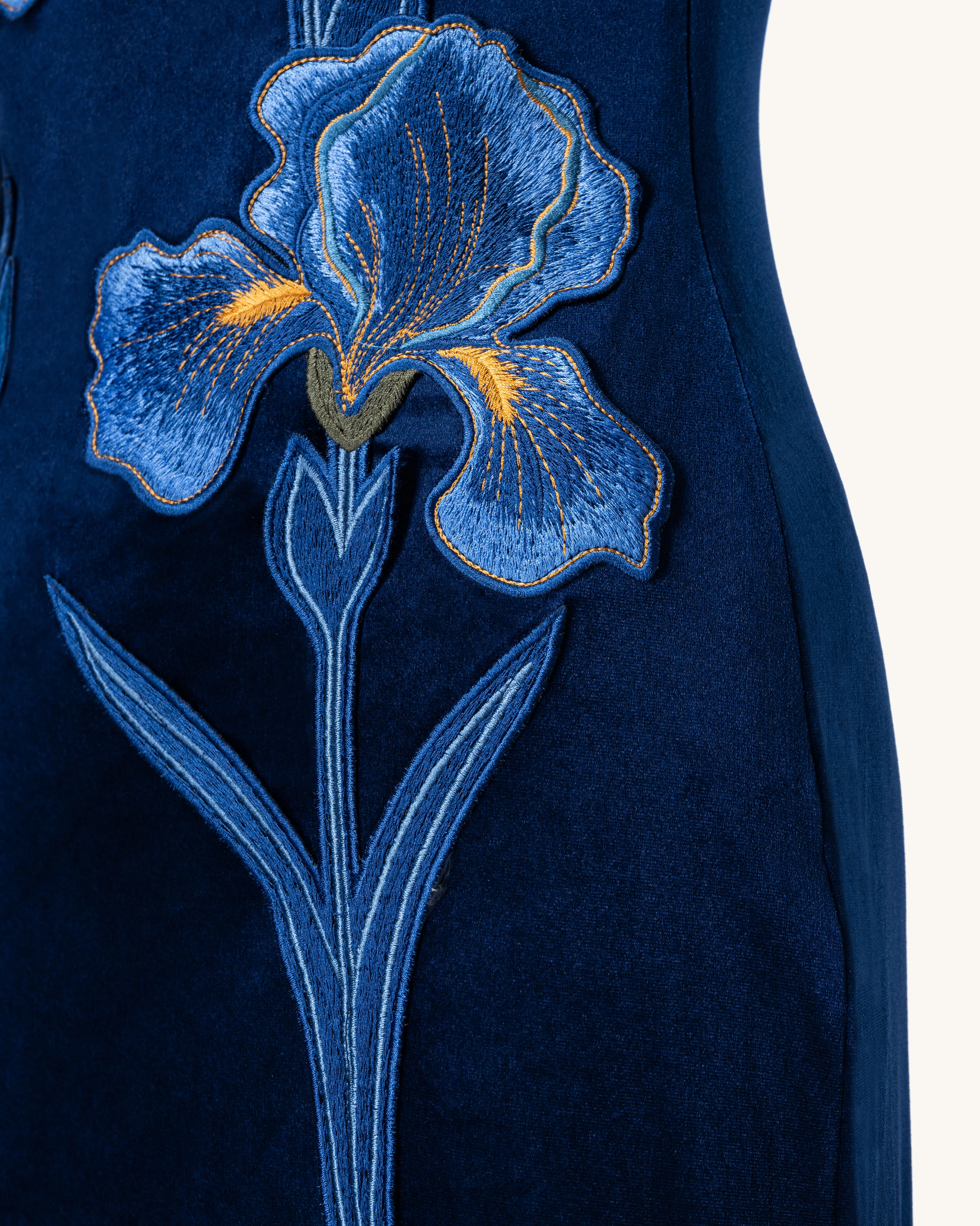 Iris Embroidered Velvet One Shoulder Maxi Dress - Navy Blue - FASHION NOB
