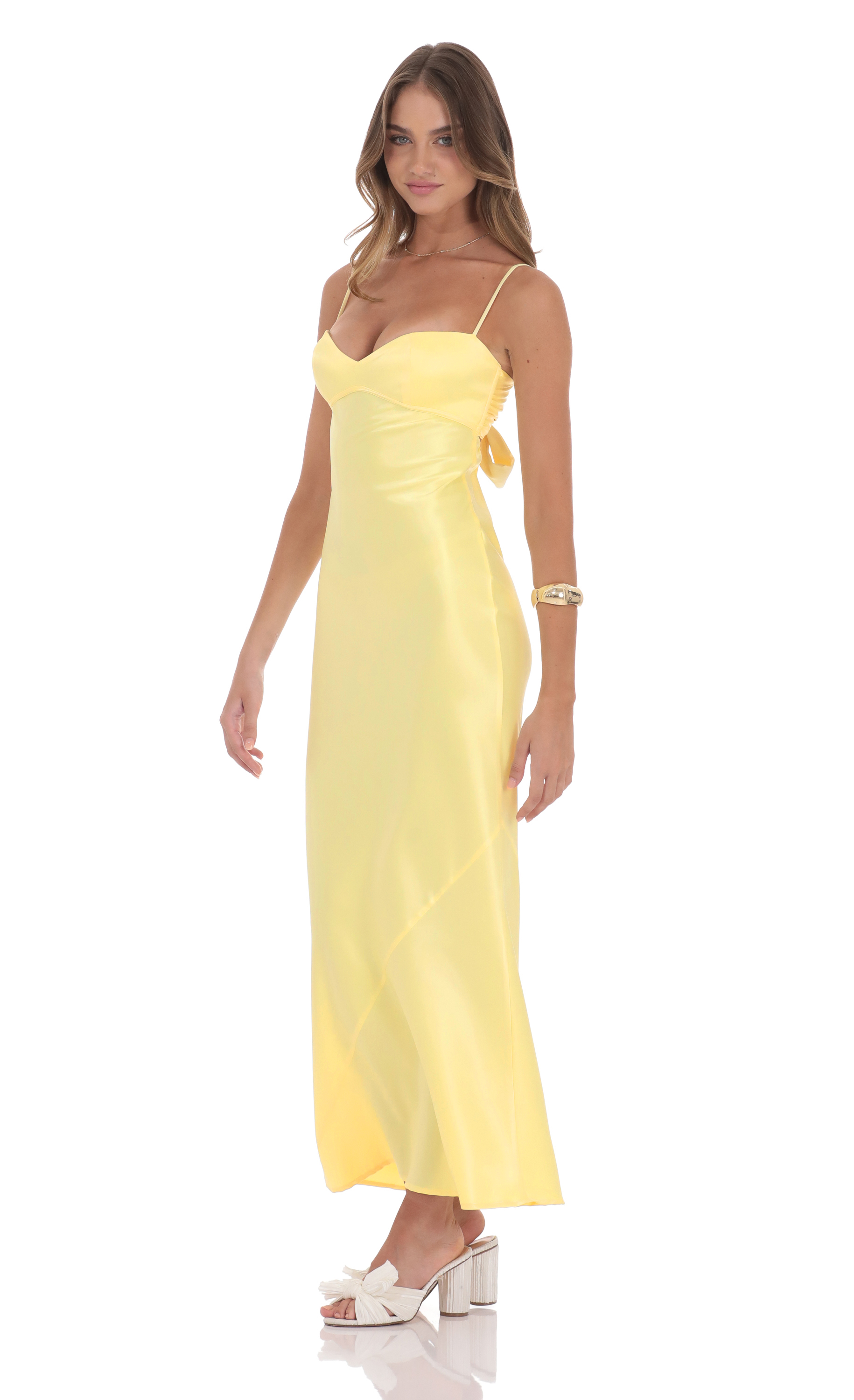 Satin Back Tie Maxi Dress in Yellow - luluinthesky