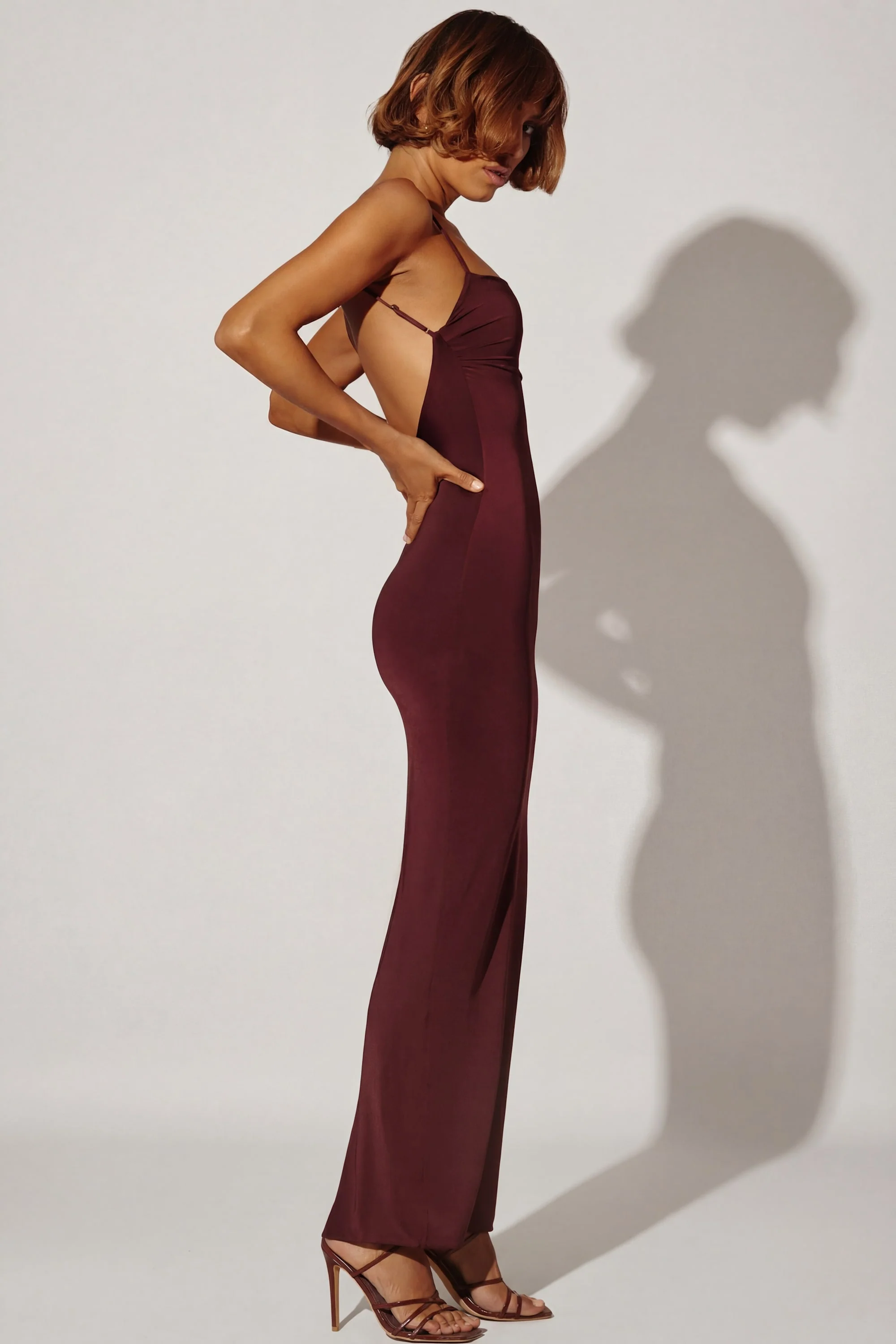 Ruched Bodycon Maxi Dress in Brown