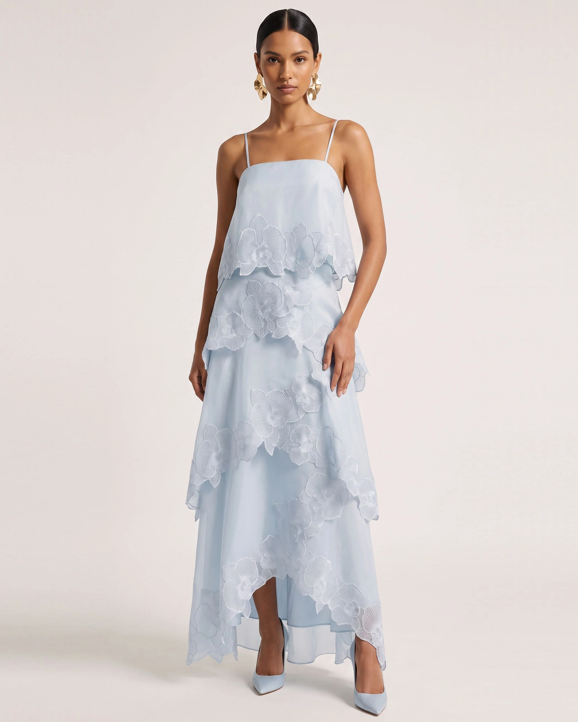 Orchid Embroidered Layered Maxi Dress - Light Blue