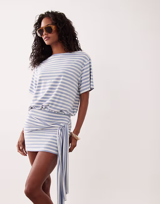 T-shirt mini dress with tie detail in light blue and white stripes