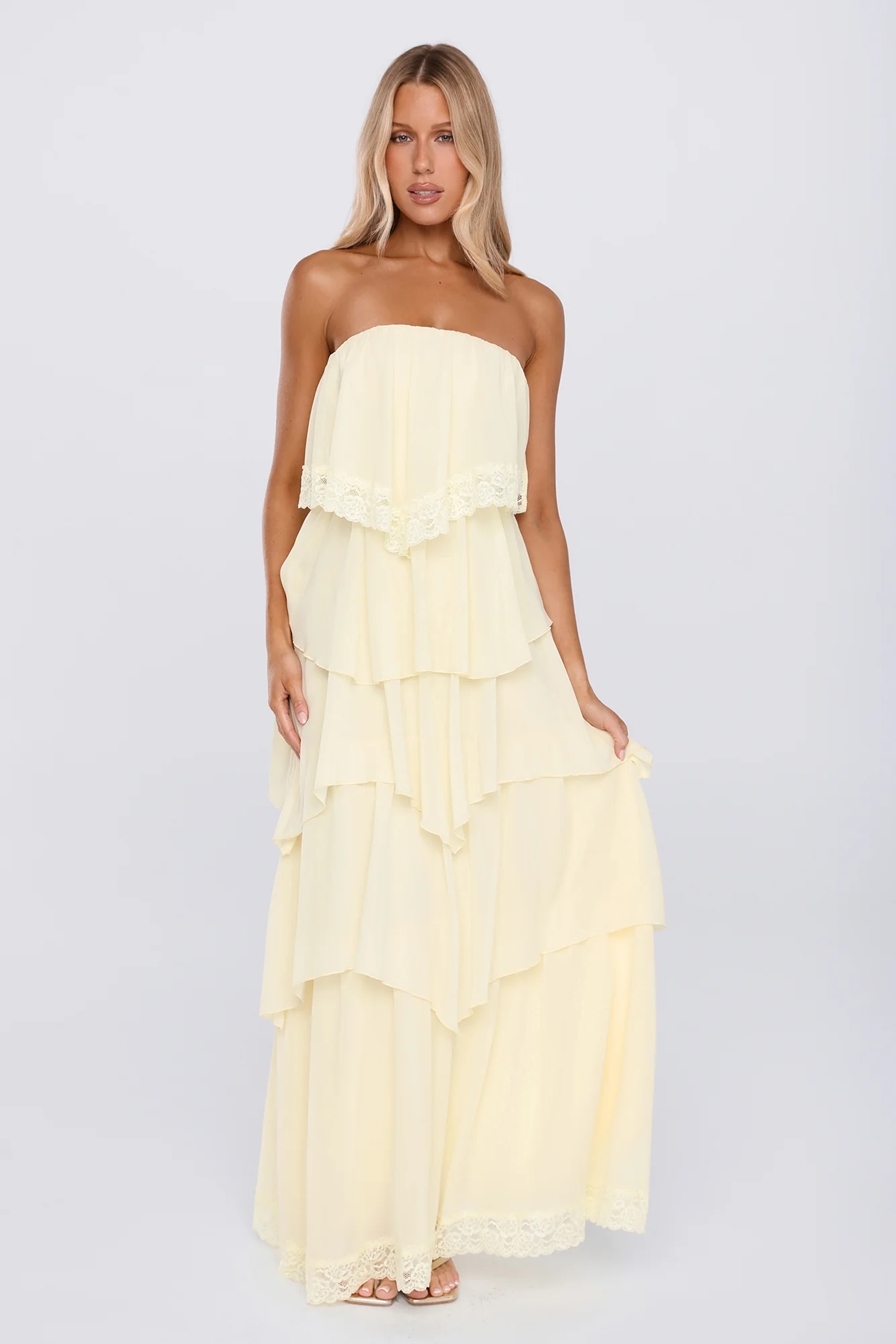 Glossy Days Strapless Maxi Dress Yellow - luluinthesky