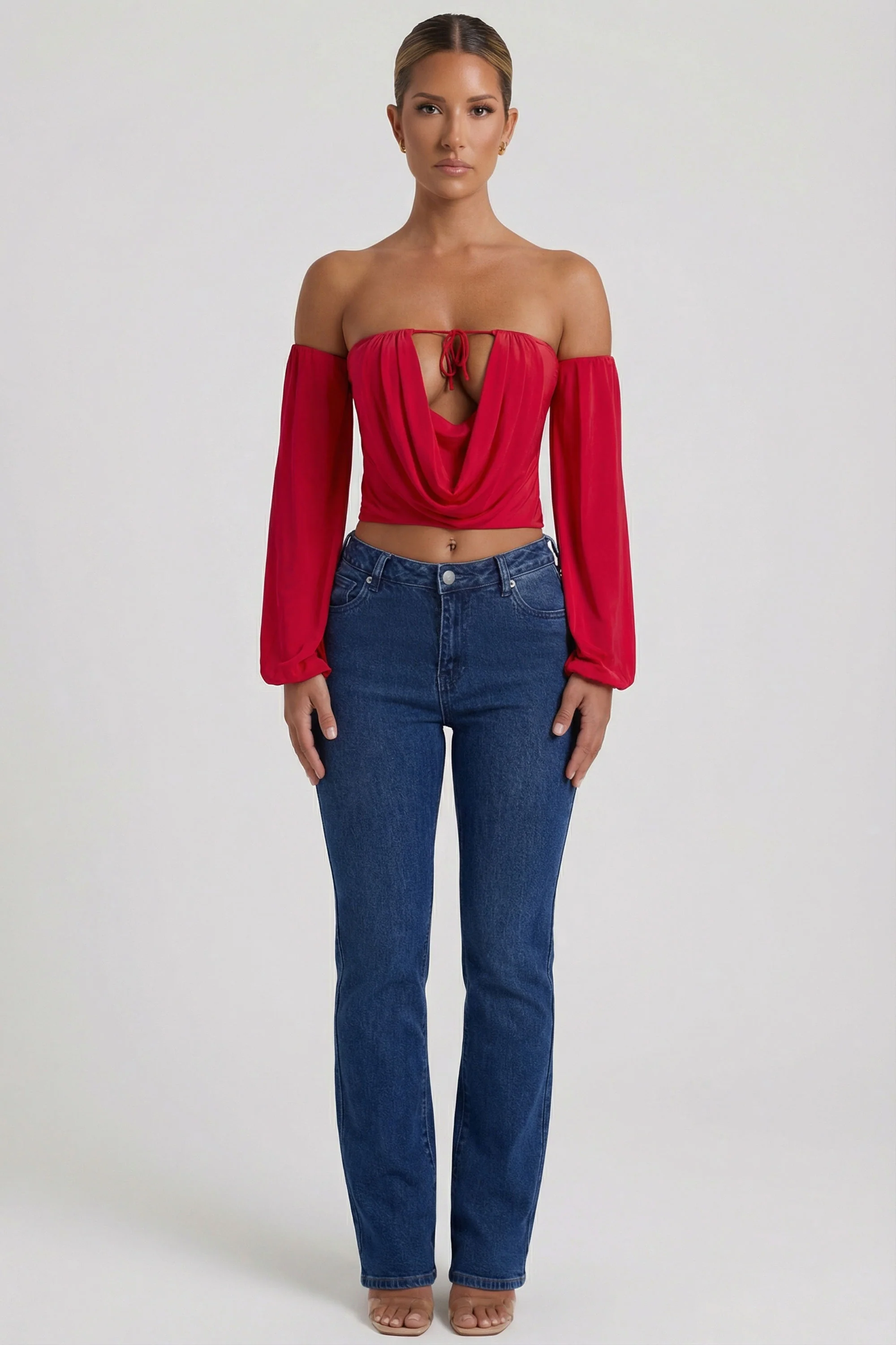Off-Shoulder Draped Balloon-Sleeve Top in Red
