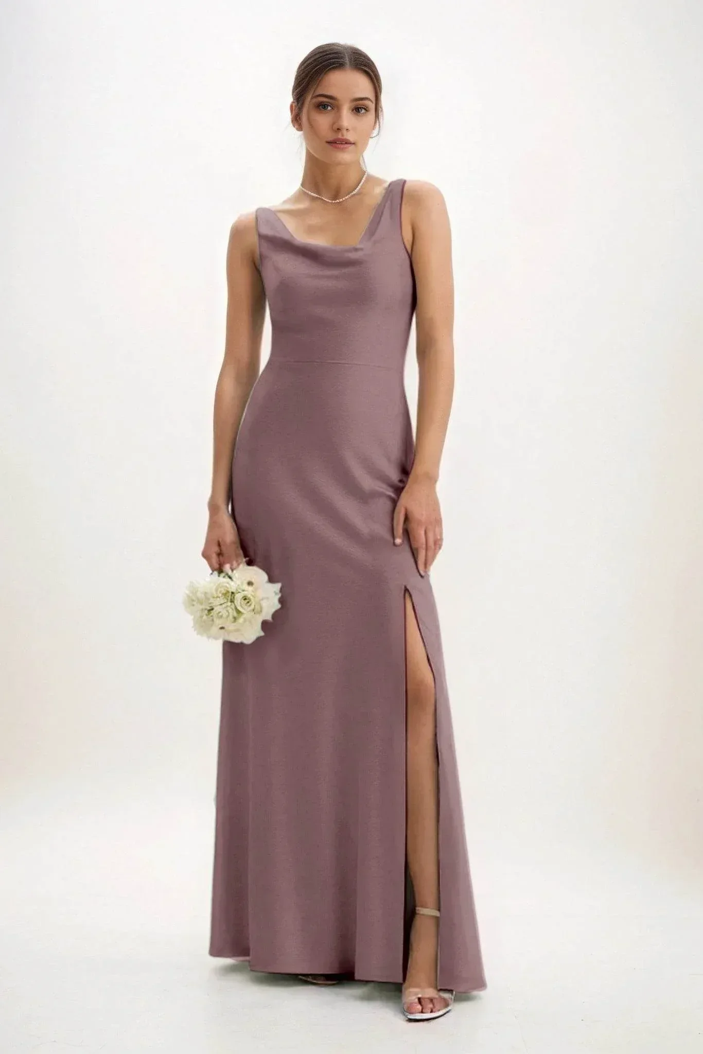 Sheath-Column Maxi Luxe Satin Bridesmaid Dress CB0816