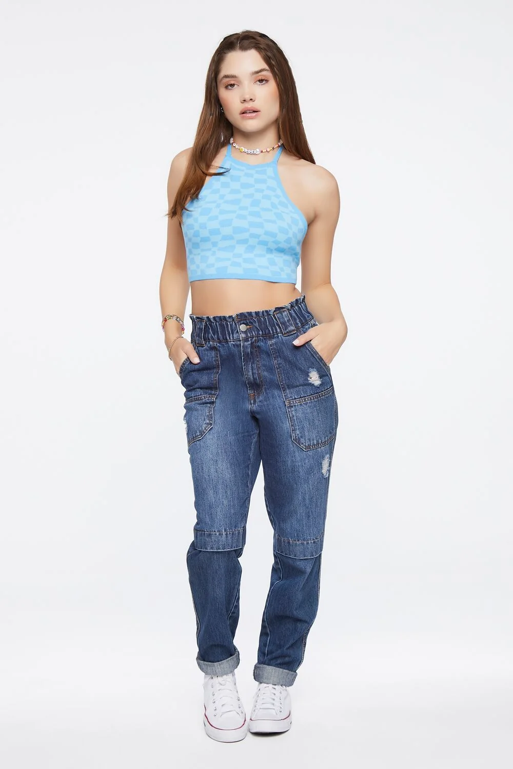 Checkered Sweater-Knit Halter Top