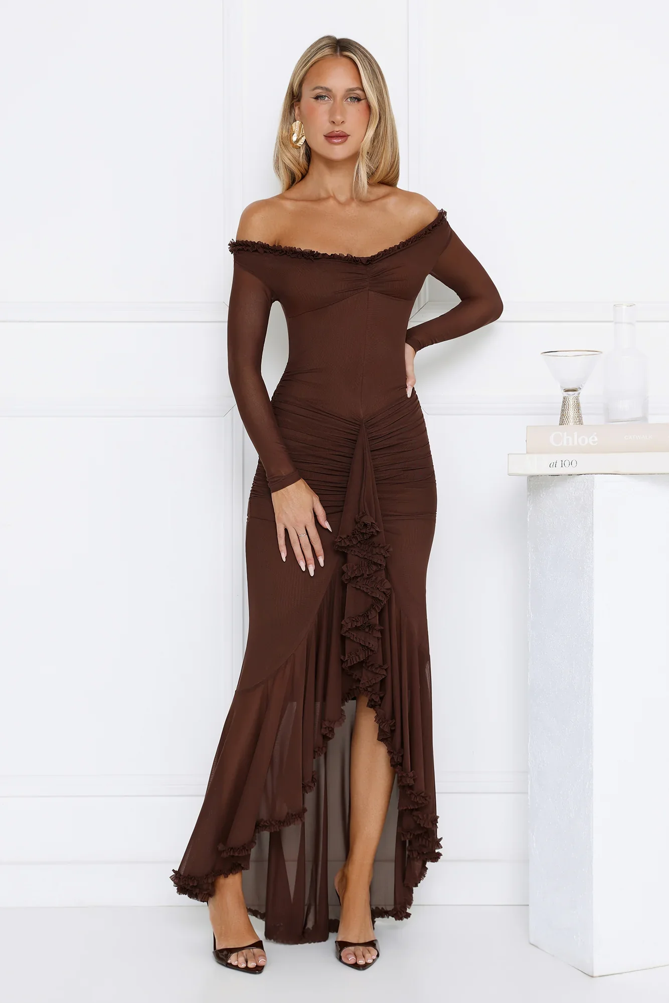 Lunar Twinkle Mesh Off Shoulder Maxi Dress Brown