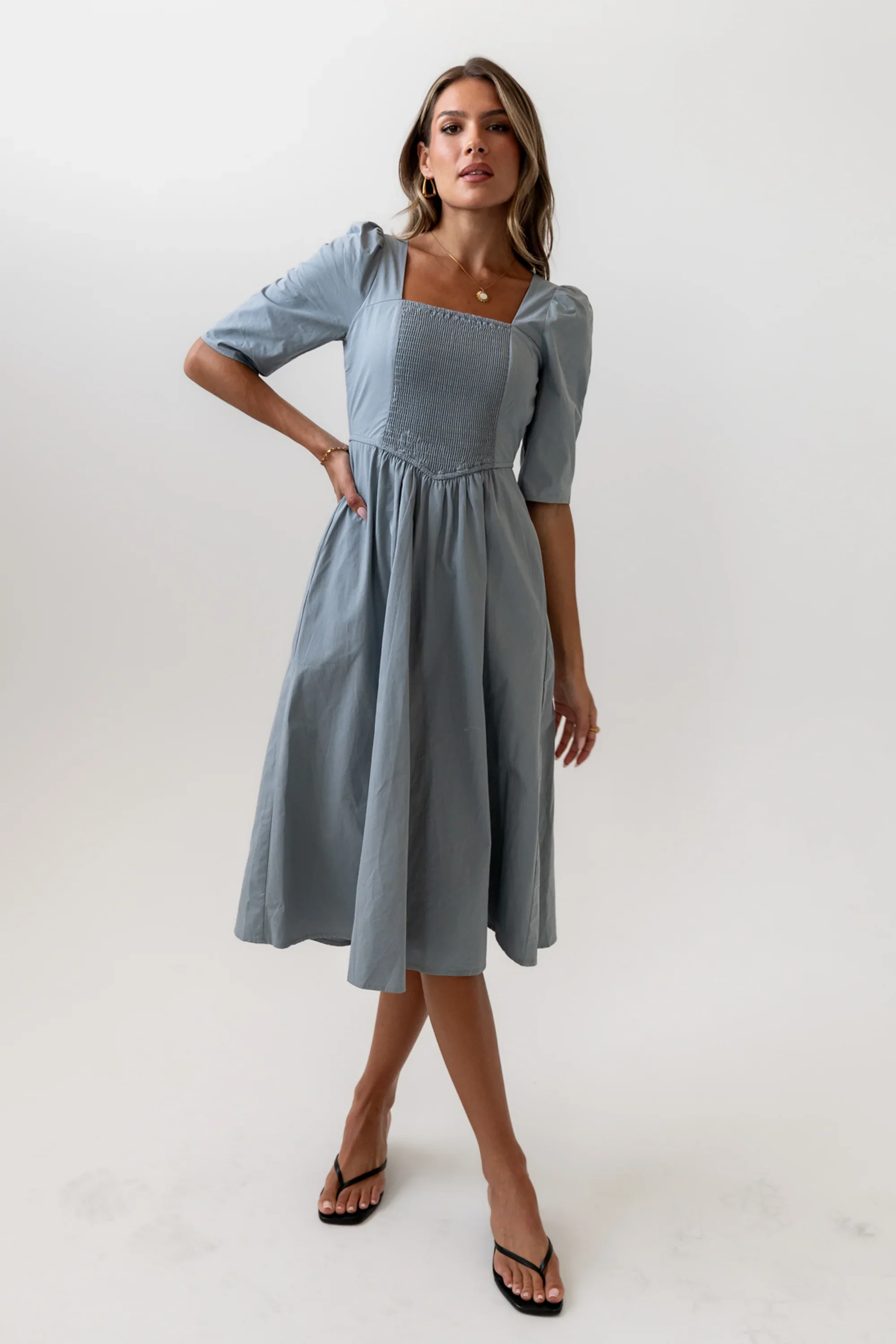Paisley Smocked Midi Dress in Slate Blue