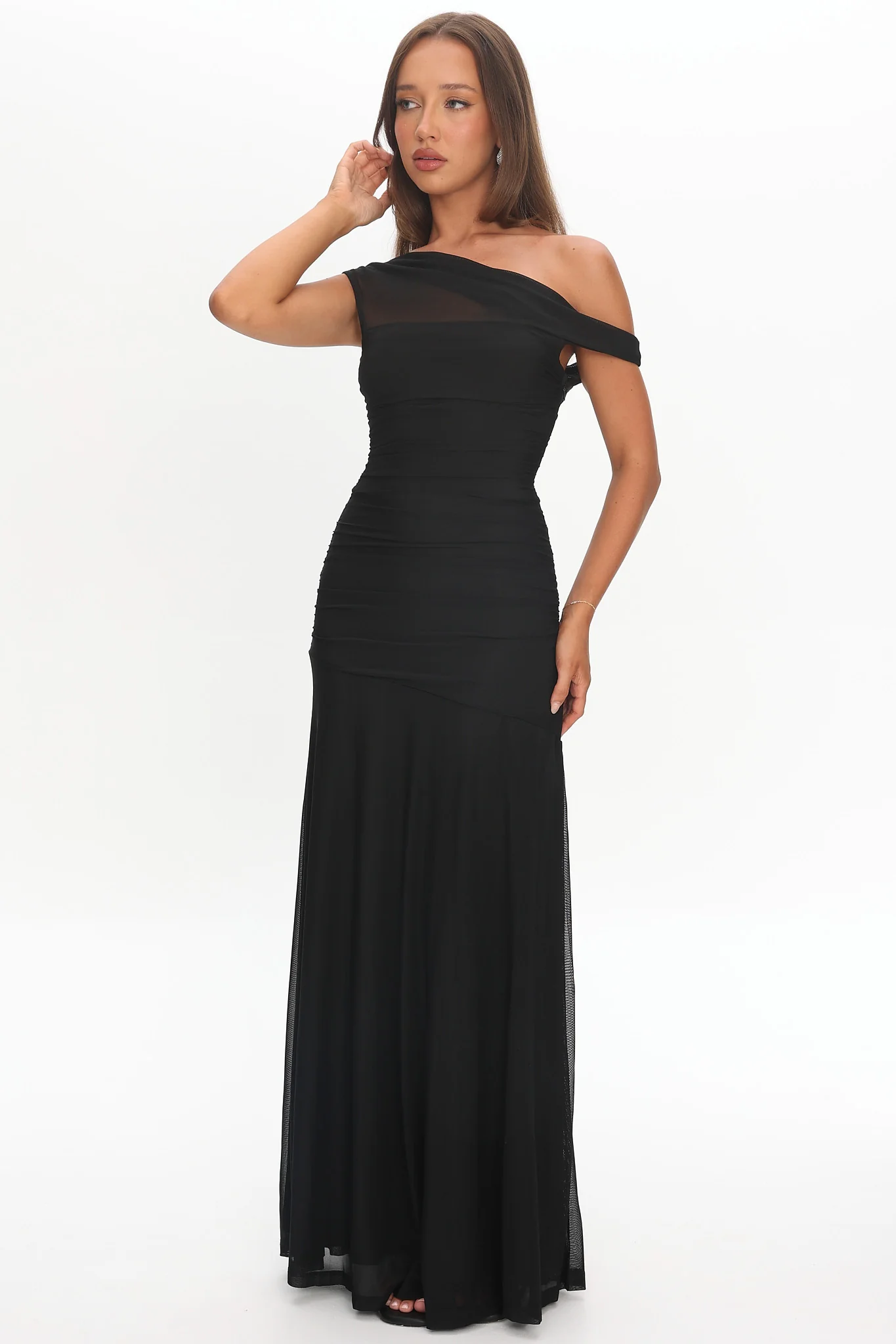 Lylah Asymmetric Neckline Mesh Maxi Dress Black - luluinthesky