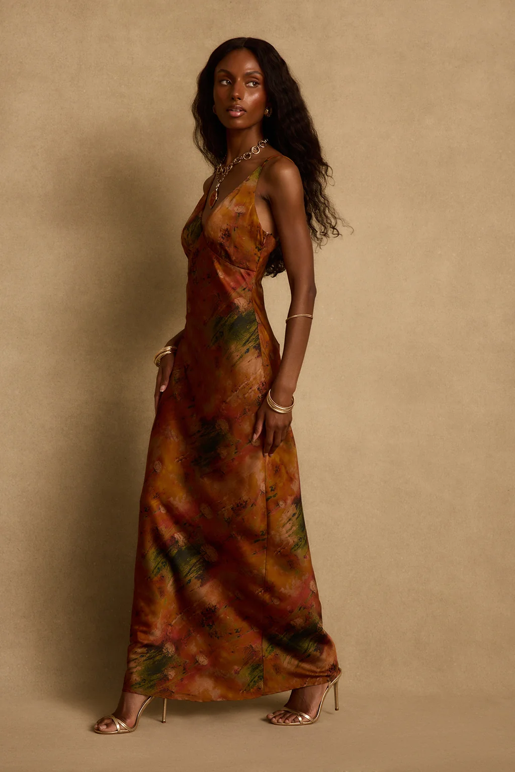 Mirabella Rust Printed Satin Maxi Dress